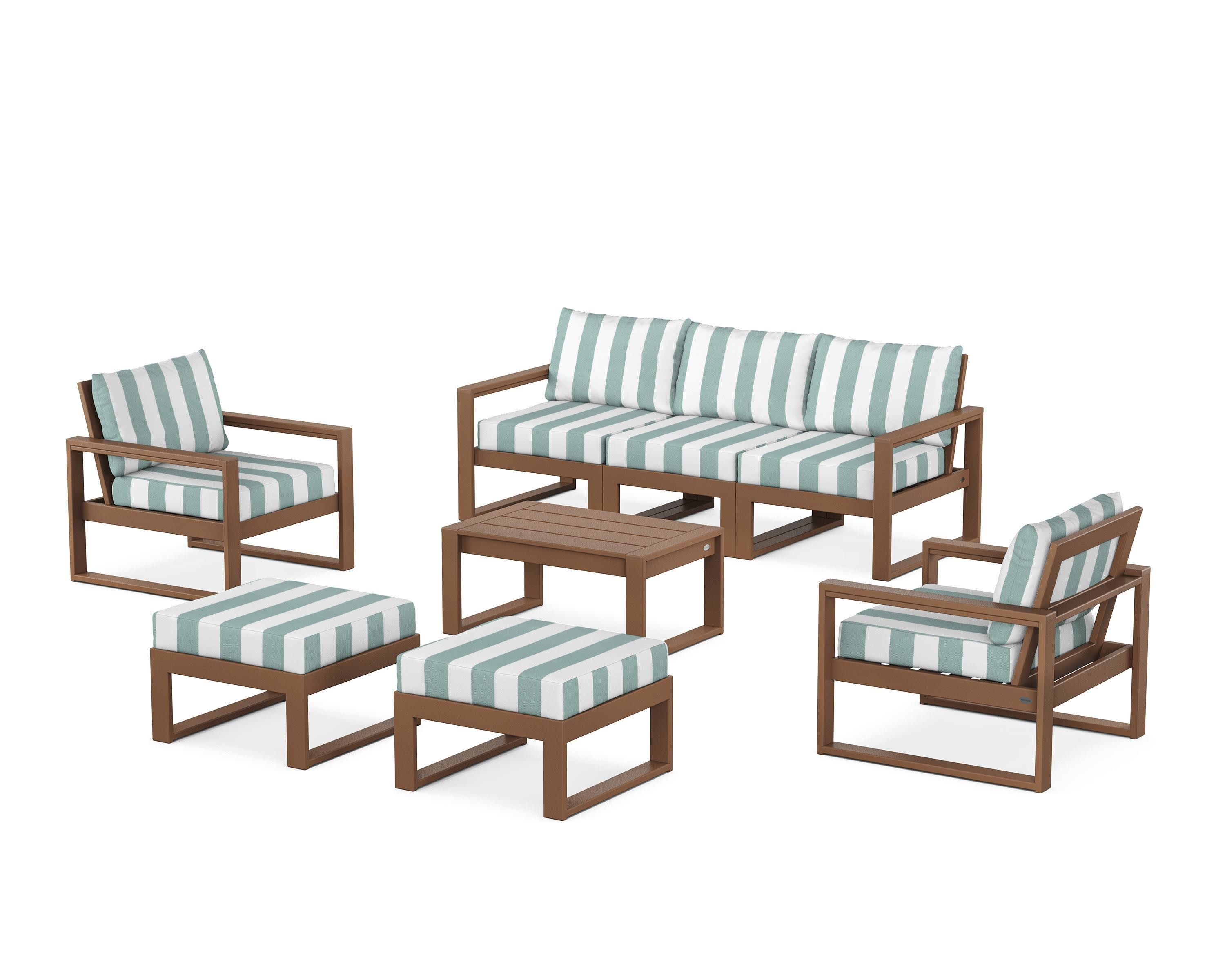 EDGE Sectional 8-Piece Lounge Sofa Set in Teak / Cabana Stripe Glacier Spa