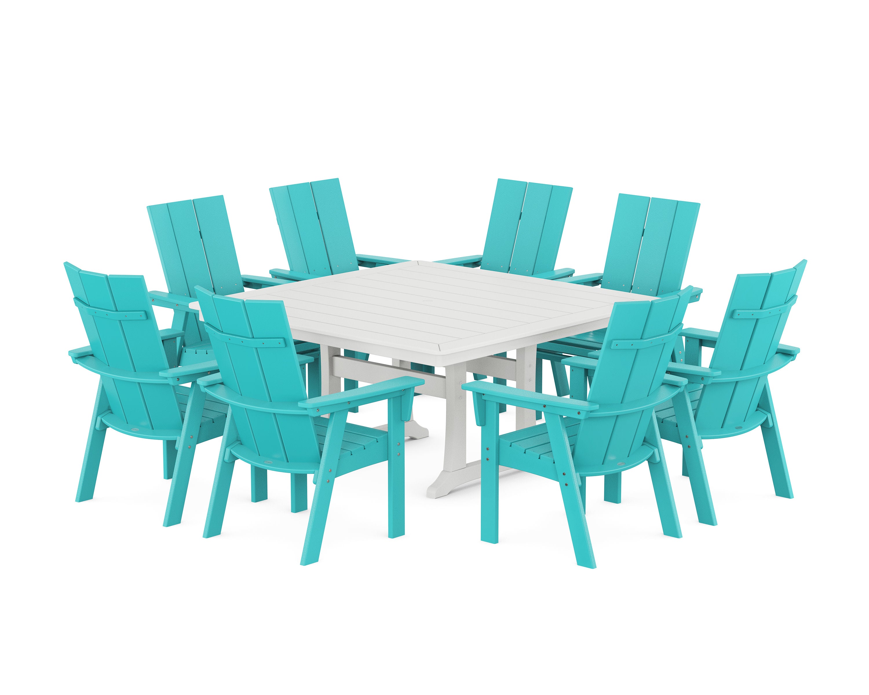 Modern Curveback Adirondack 9-Piece Square Dining Set with Trestle Legs in Aruba / White