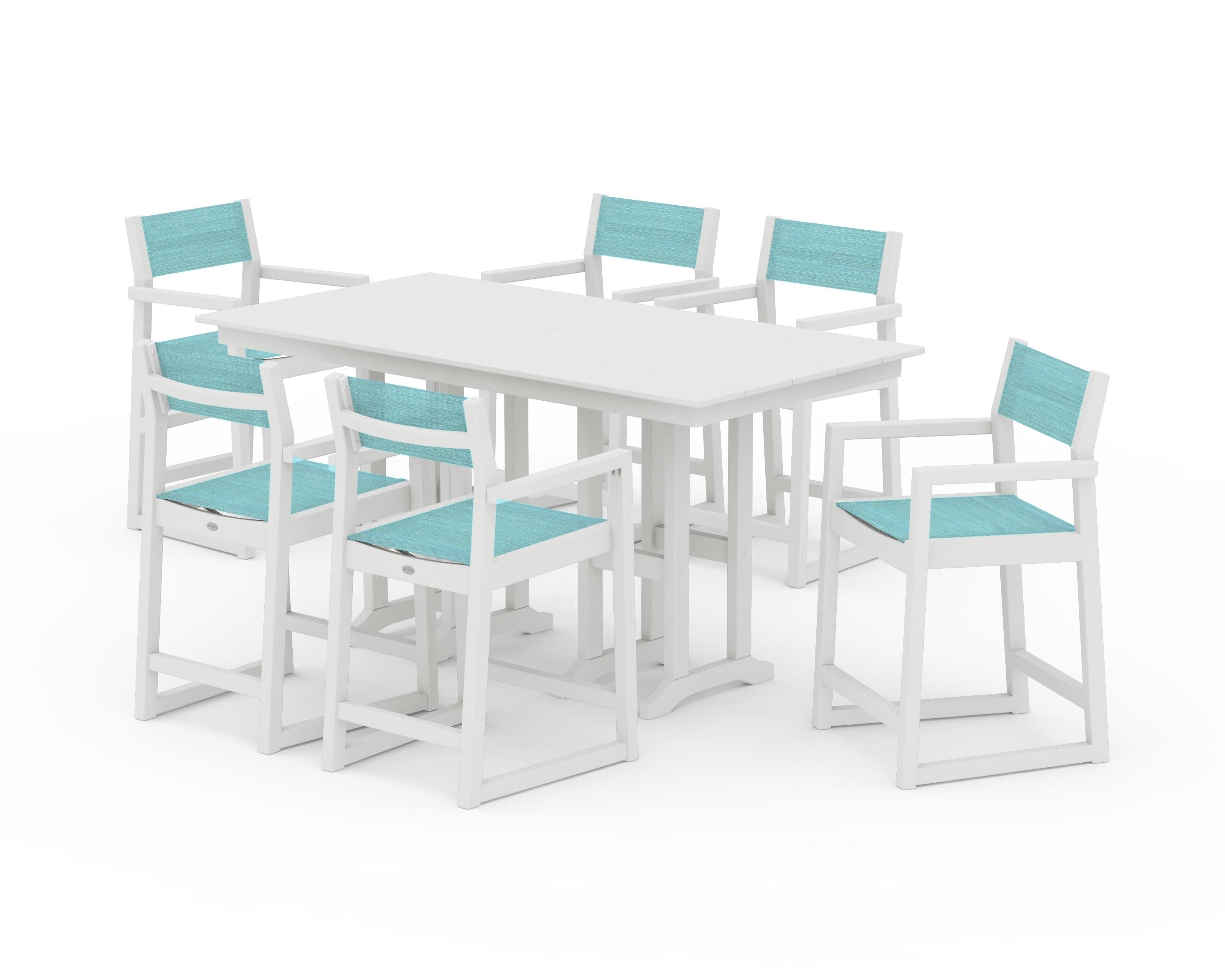 EDGE Sling Arm Chair 7-Piece Farmhouse Counter Set in Vintage White / Dupioni Aquamarine Sling