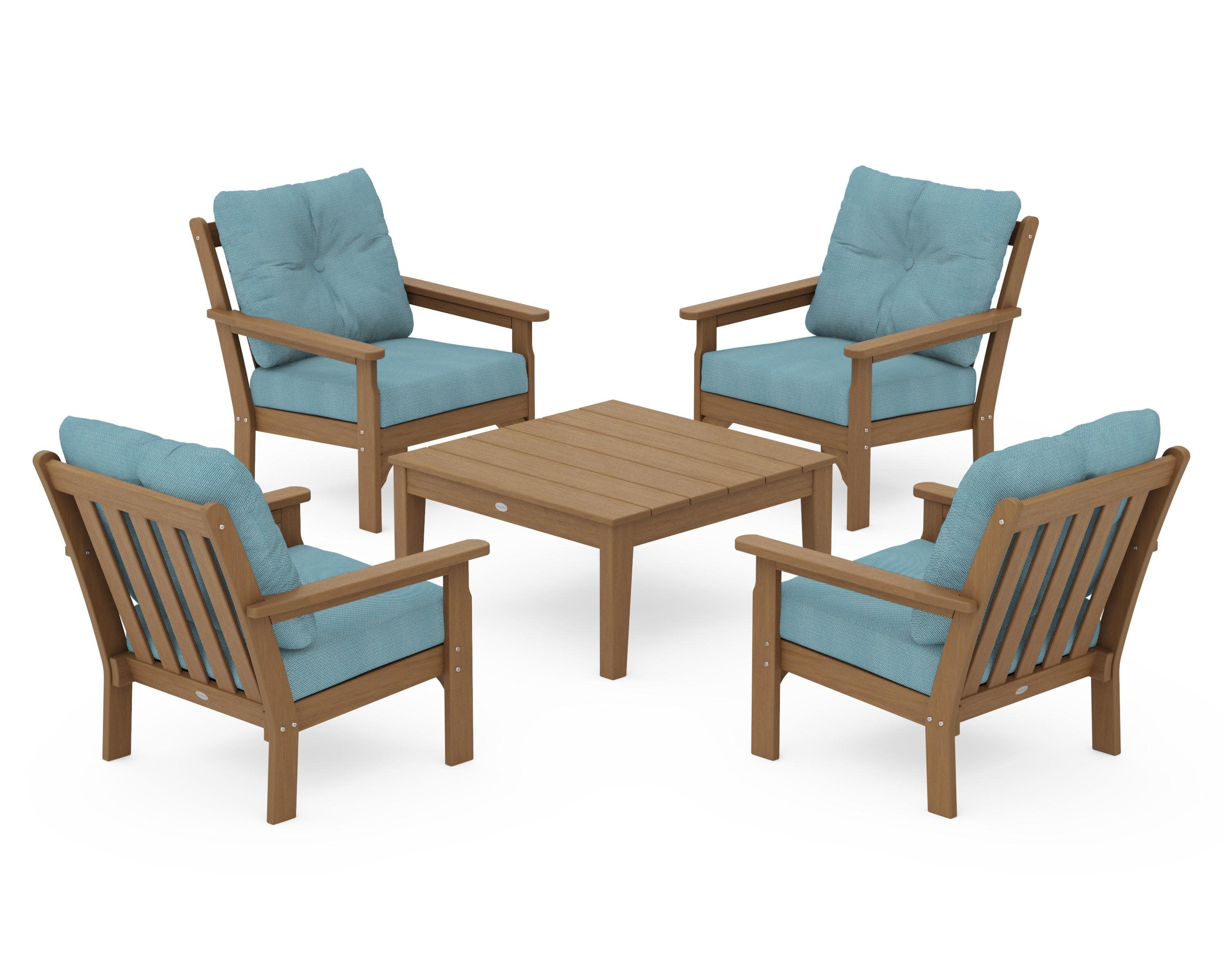Vineyard 5-Piece Deep Seating Conversation Set in Natural / Lattice Sky Blue