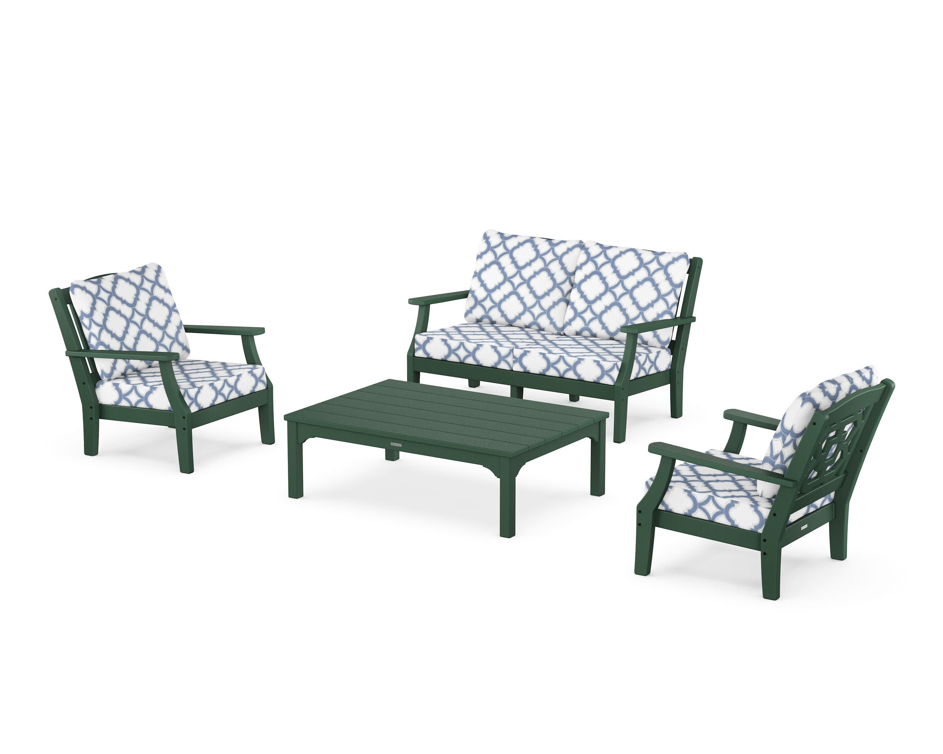 Chinoiserie 4-Piece Deep Seating Set with Loveseat in Green / Trellis Sky Blue