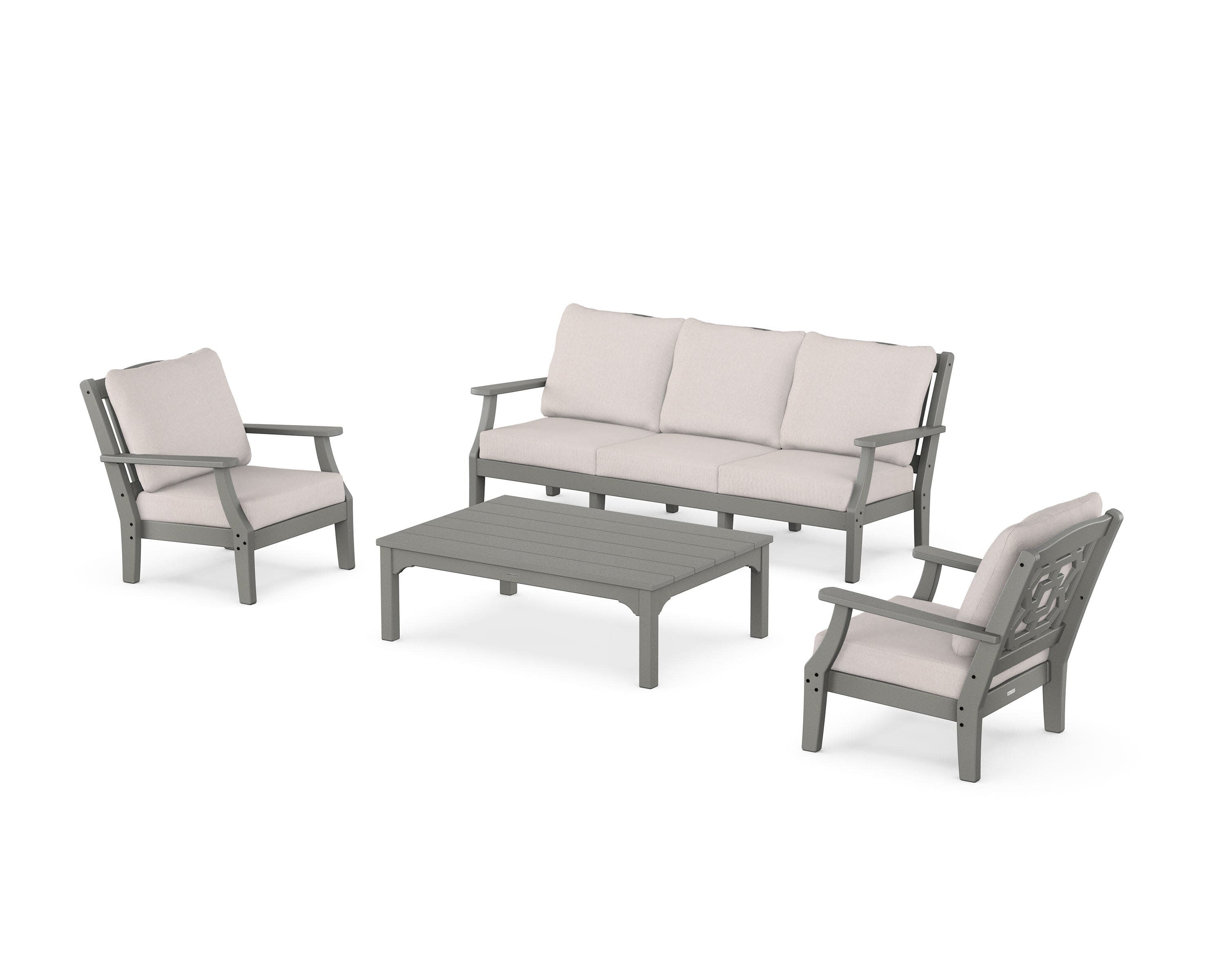 Chinoiserie 4-Piece Deep Seating Set with Sofa in Slate Grey / Dune Burlap