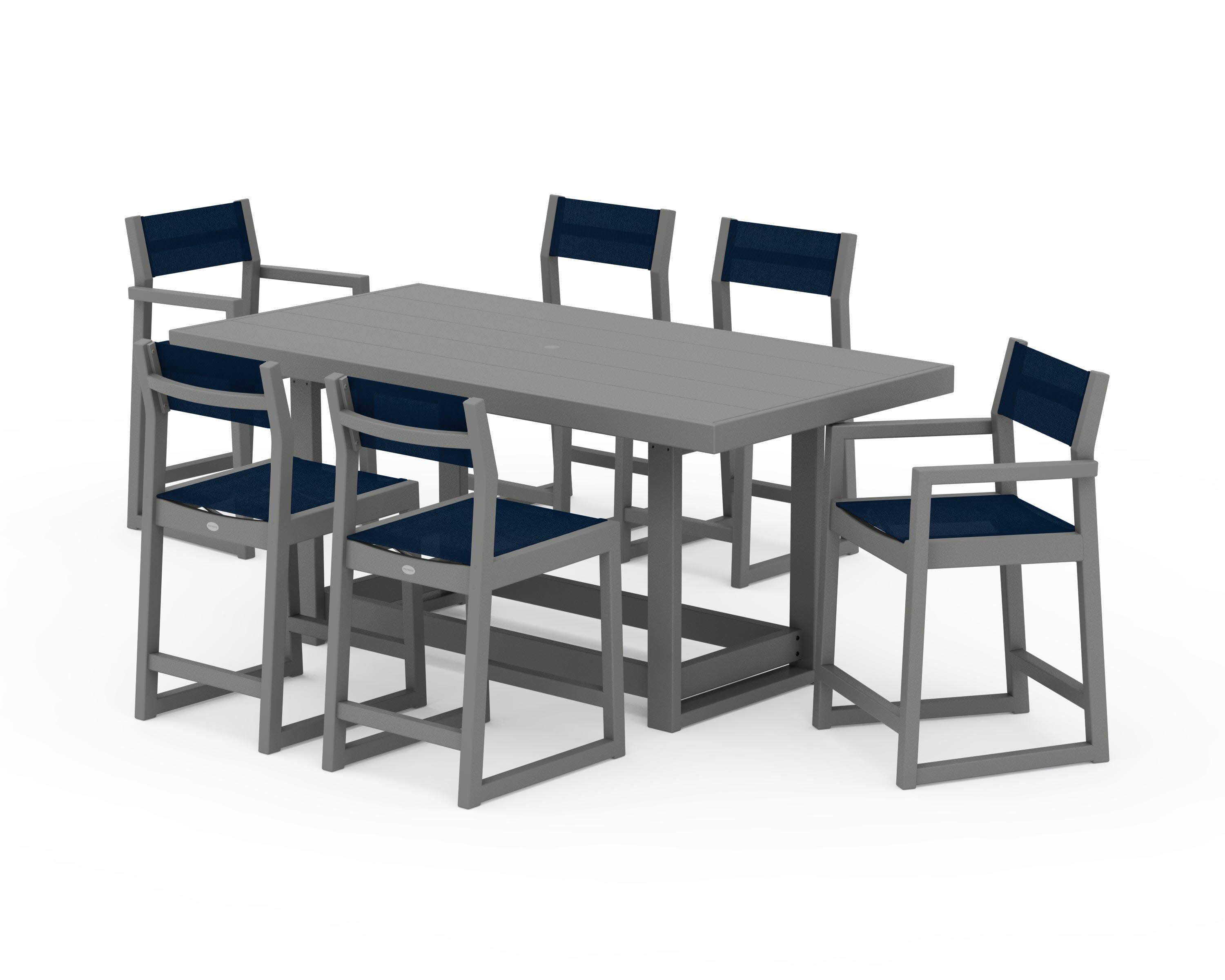 EDGE Sling 7-Piece Counter Table Set in Slate Grey / Navy Blue Sling