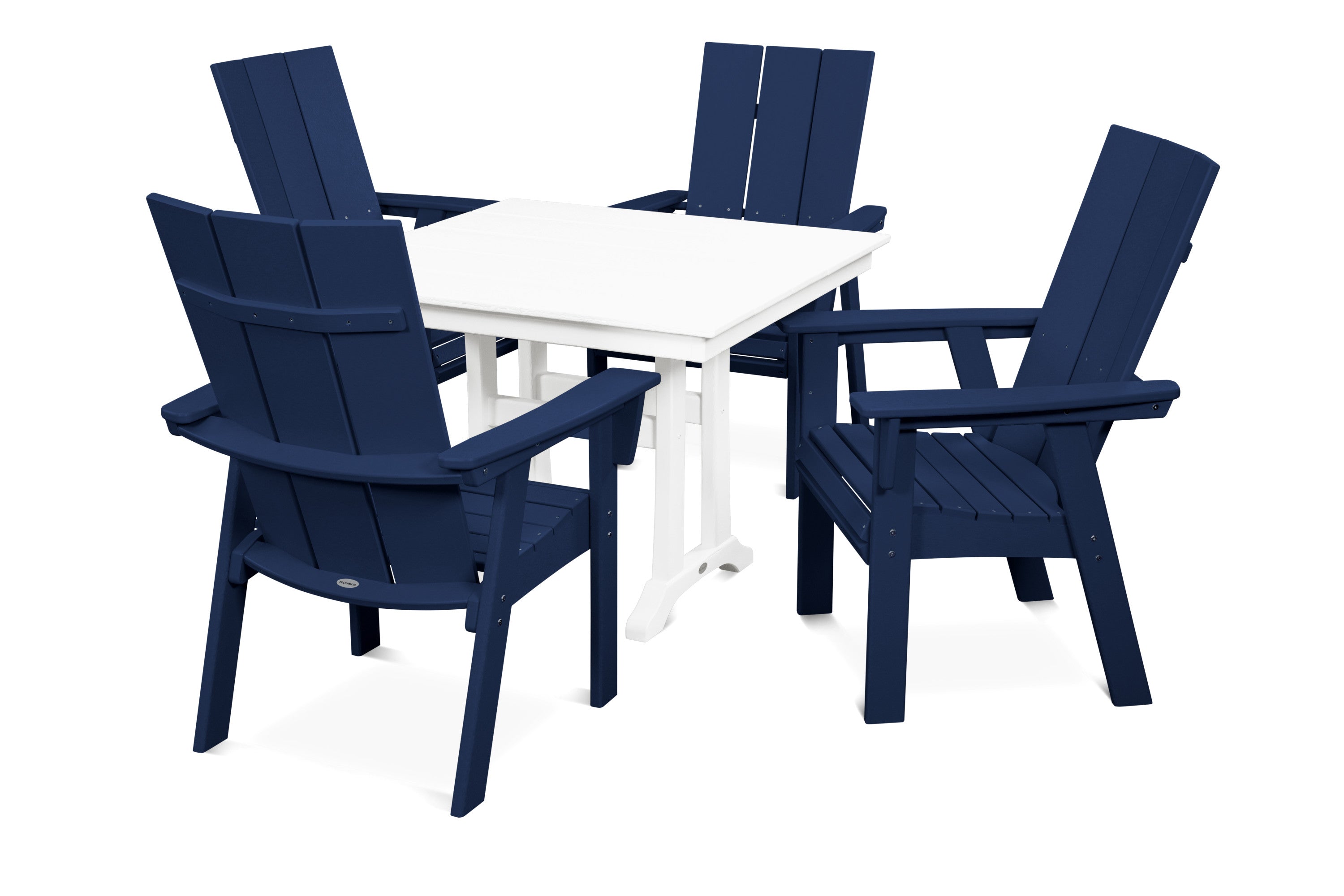 Modern Curveback Adirondack 5-Piece Farmhouse Trestle Dining Set in Navy / White