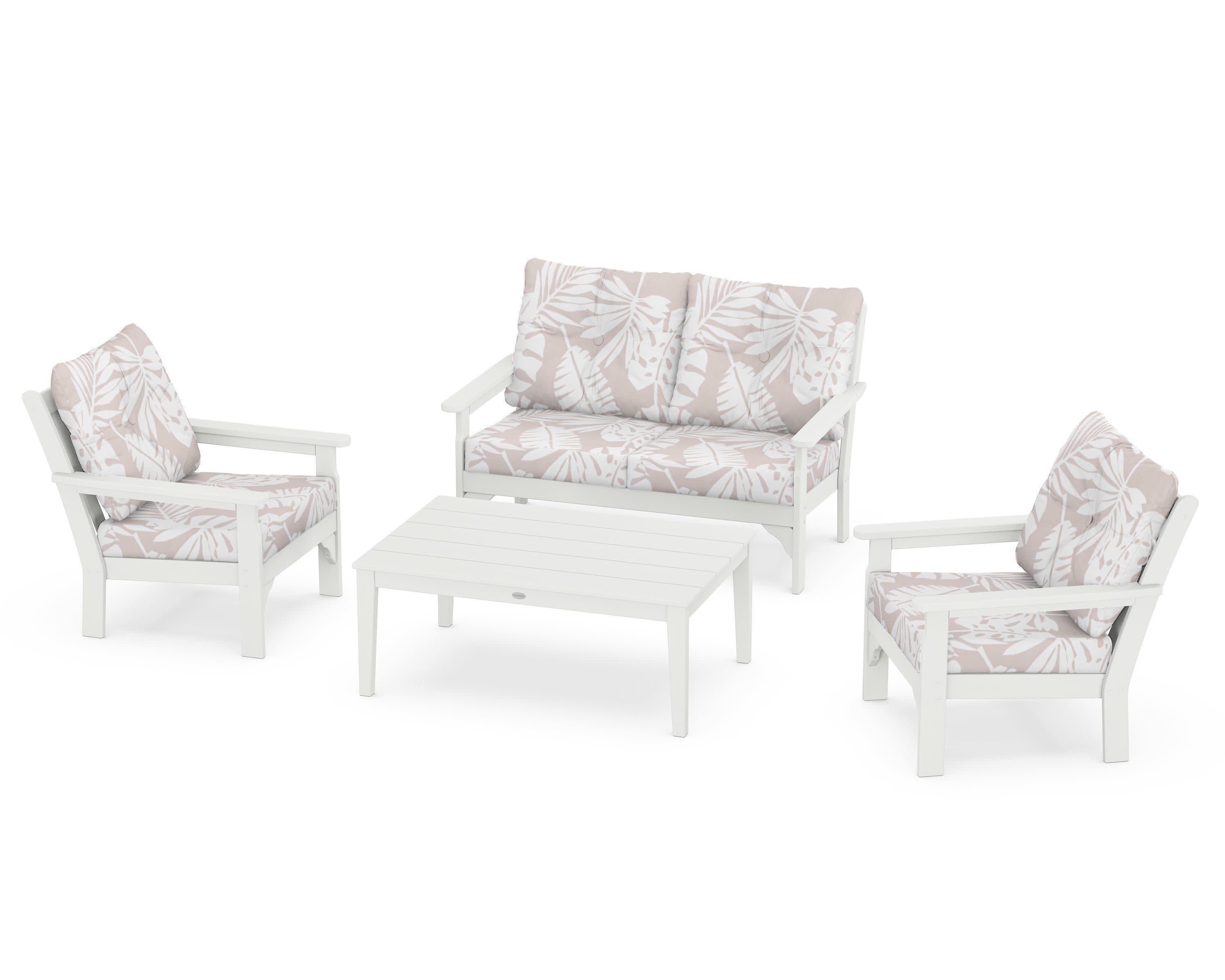 Vineyard 4-Piece Deep Seating Set in Vintage White / Leaf Dune Burlap