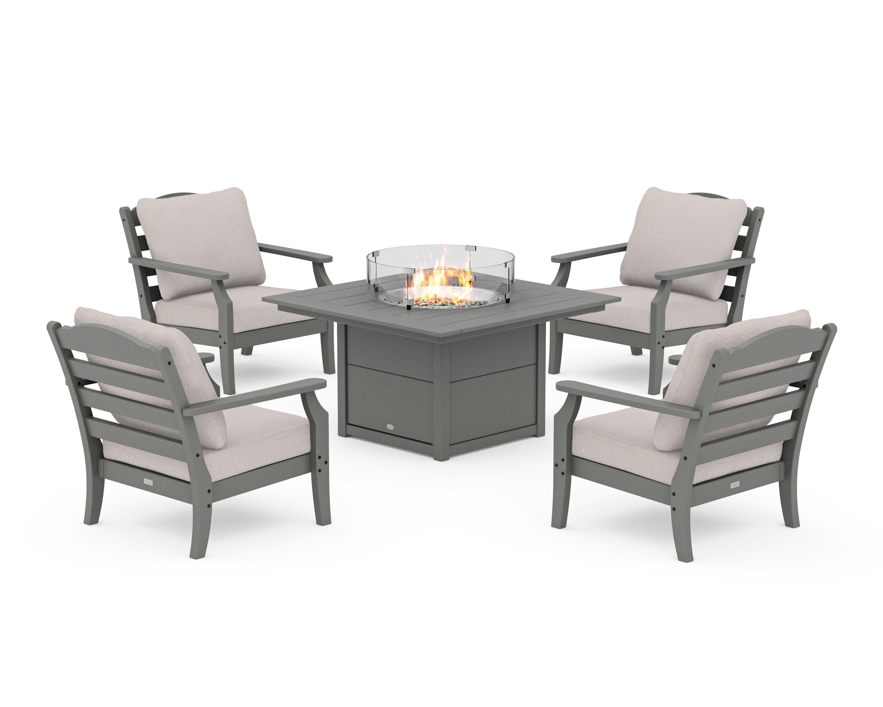 Savannah 5-Piece Deep Seating Set with Fire Pit Table in Slate Grey / Dune Burlap