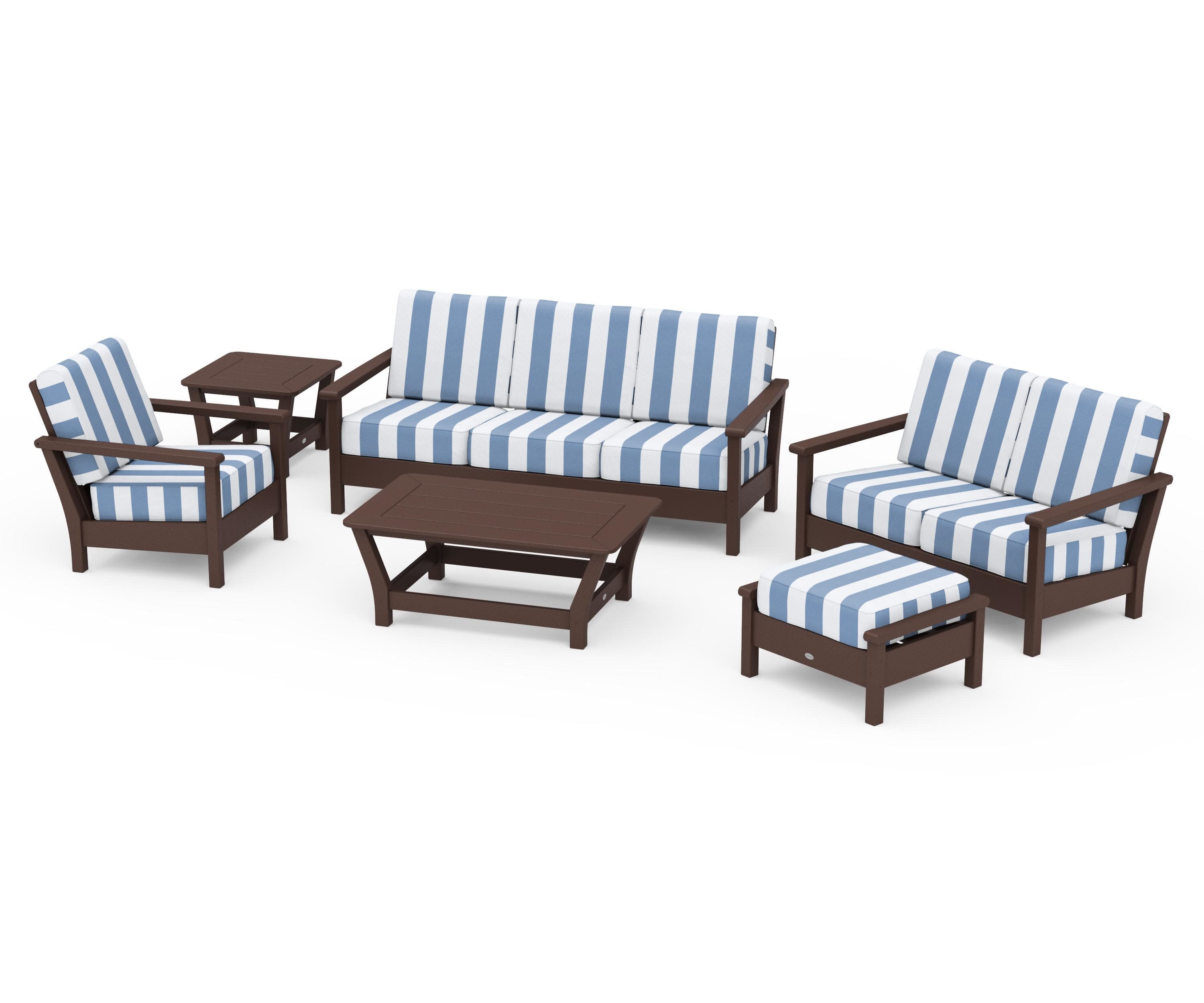 Harbour 6-Piece Outdoor Living Set in Mahogany / Cabana Stripe Sky Blue