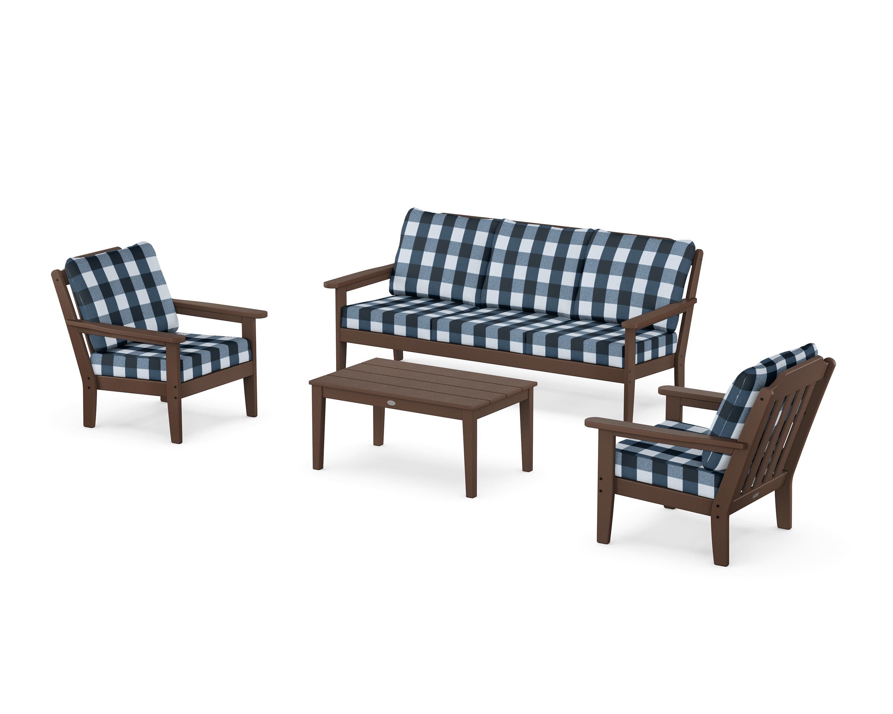 Cottage 4-Piece Deep Seating Set with Sofa in Mahogany / Buffalo Plaid Marine Indigo