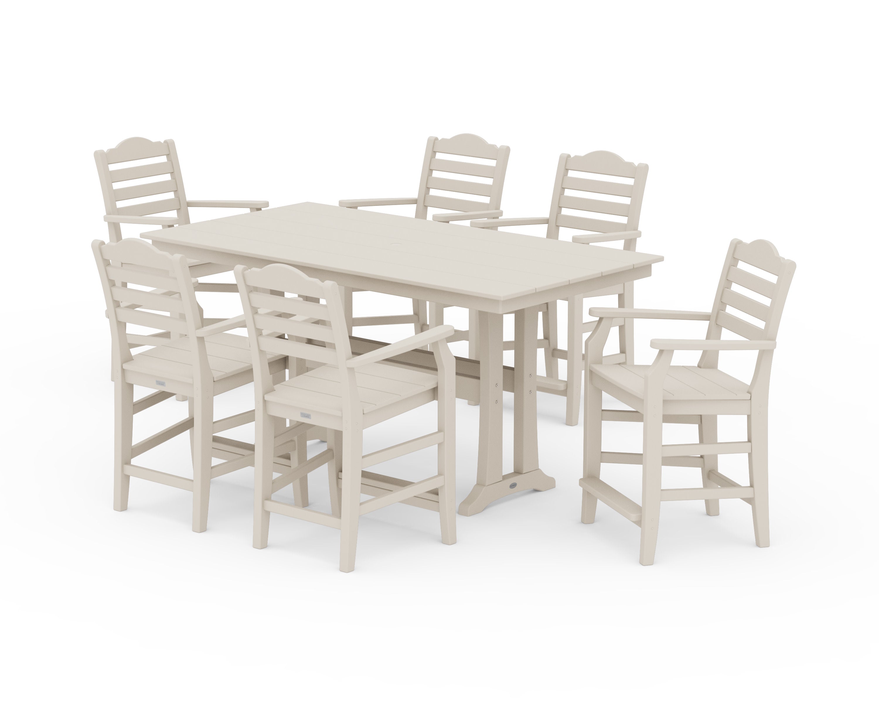 Savannah Arm Chair 7-Piece Farmhouse Counter Set with Trestle Legs in Sand