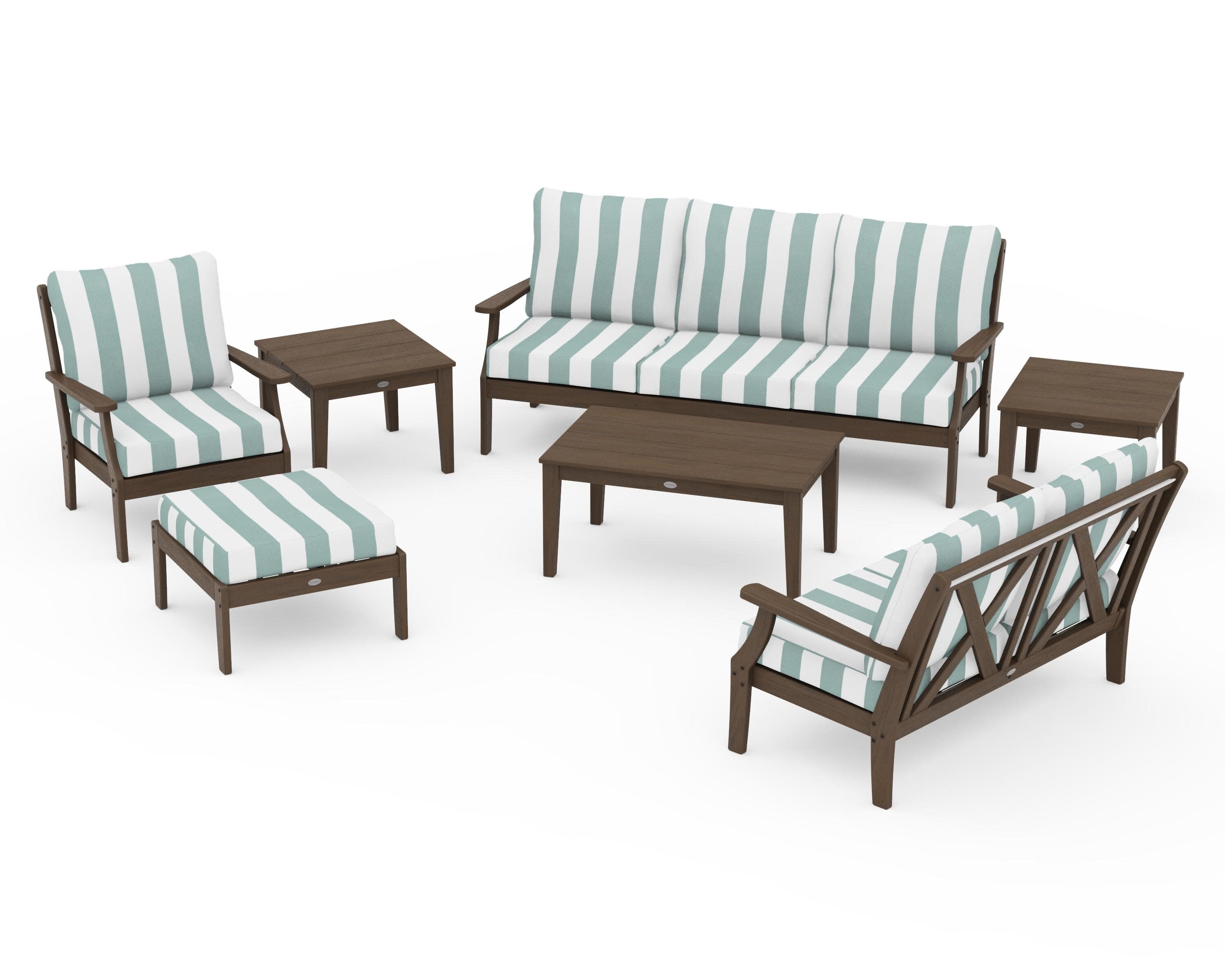 Braxton 7-Piece Deep Seating Set in Kona / Cabana Stripe Glacier Spa