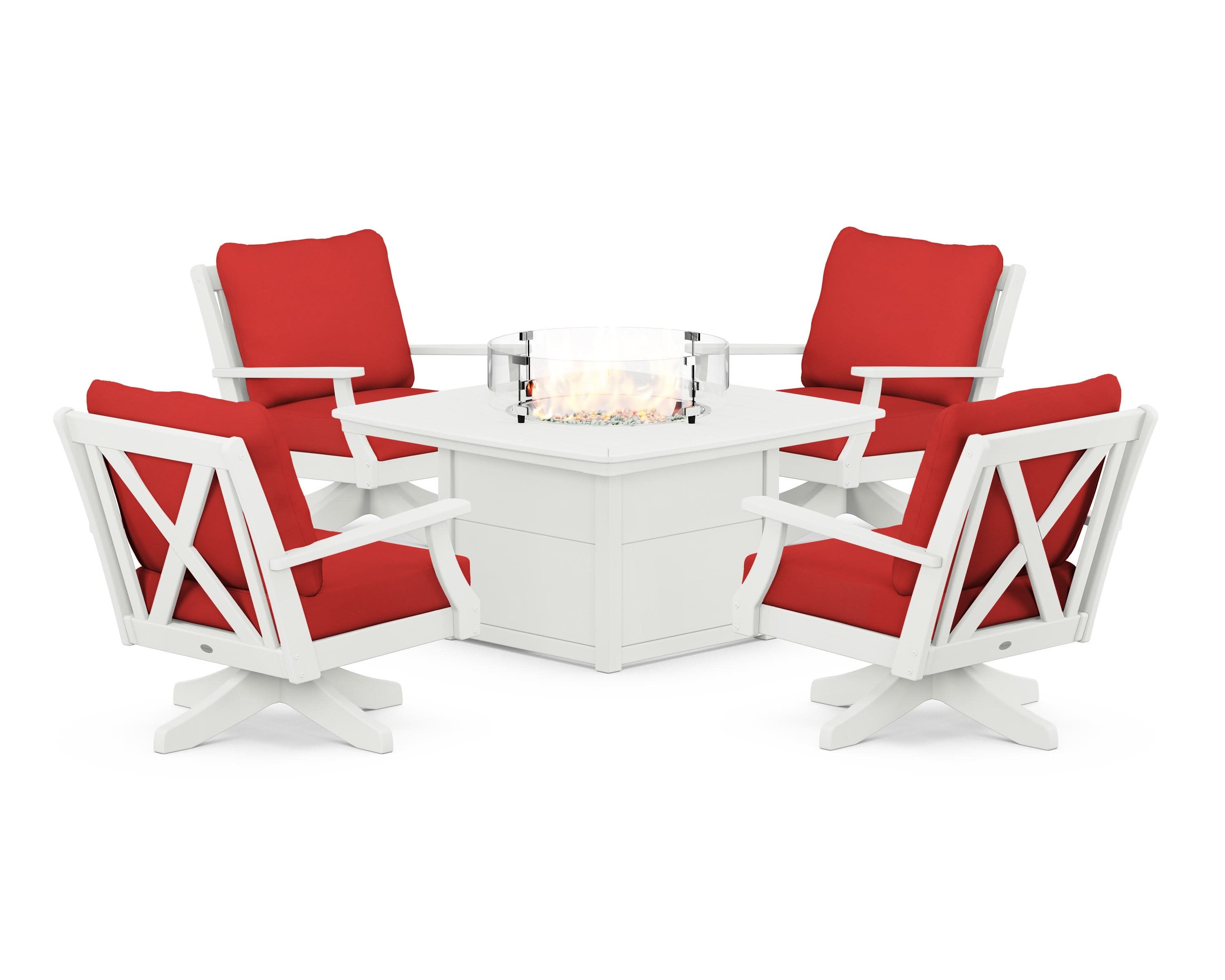 Braxton 5-Piece Deep Seating Swivel Conversation Set with Fire Pit Table in Vintage White / Crimson Linen