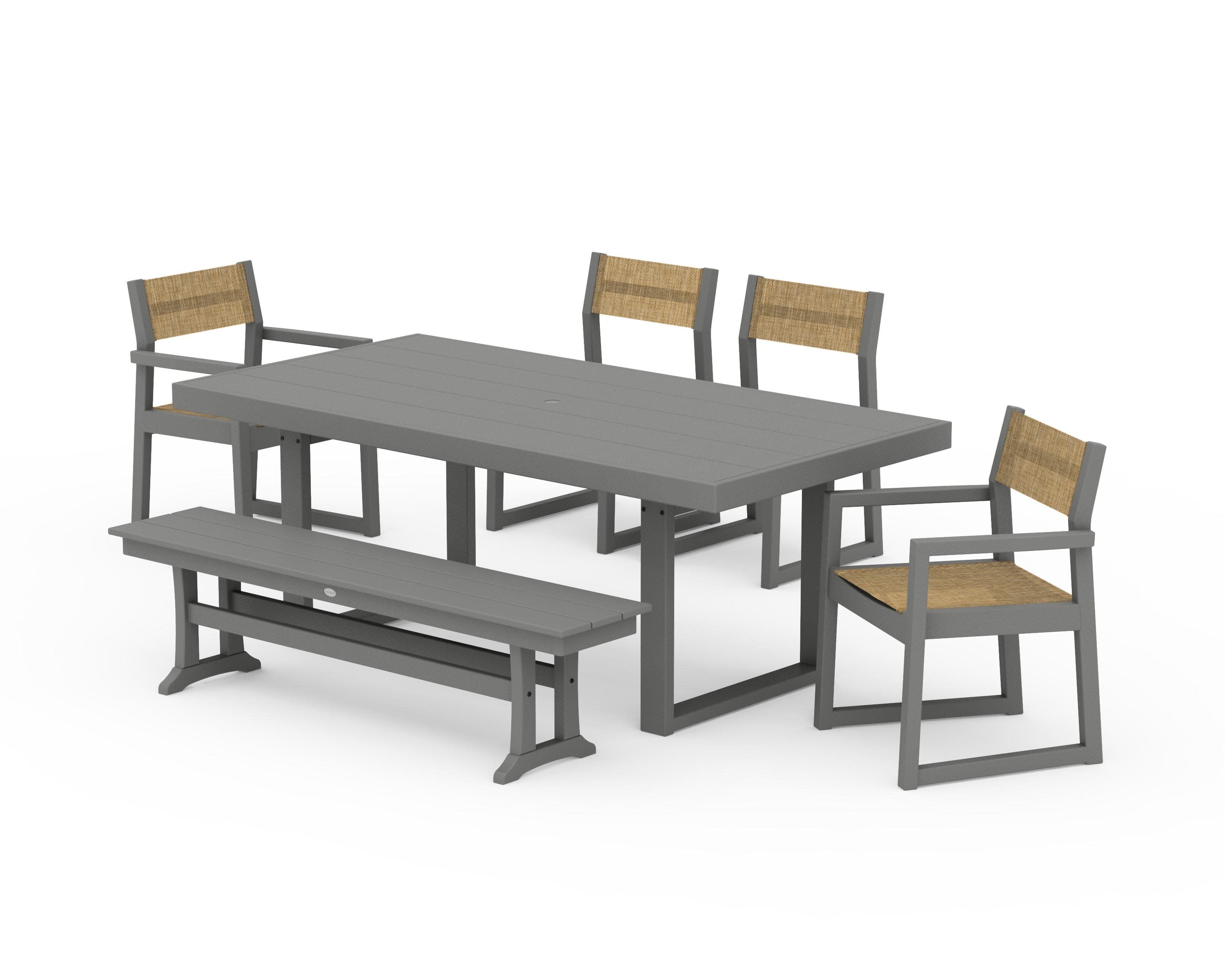 EDGE Sling 6-Piece Dining Set with Bench in Slate Grey / Burlap Sling