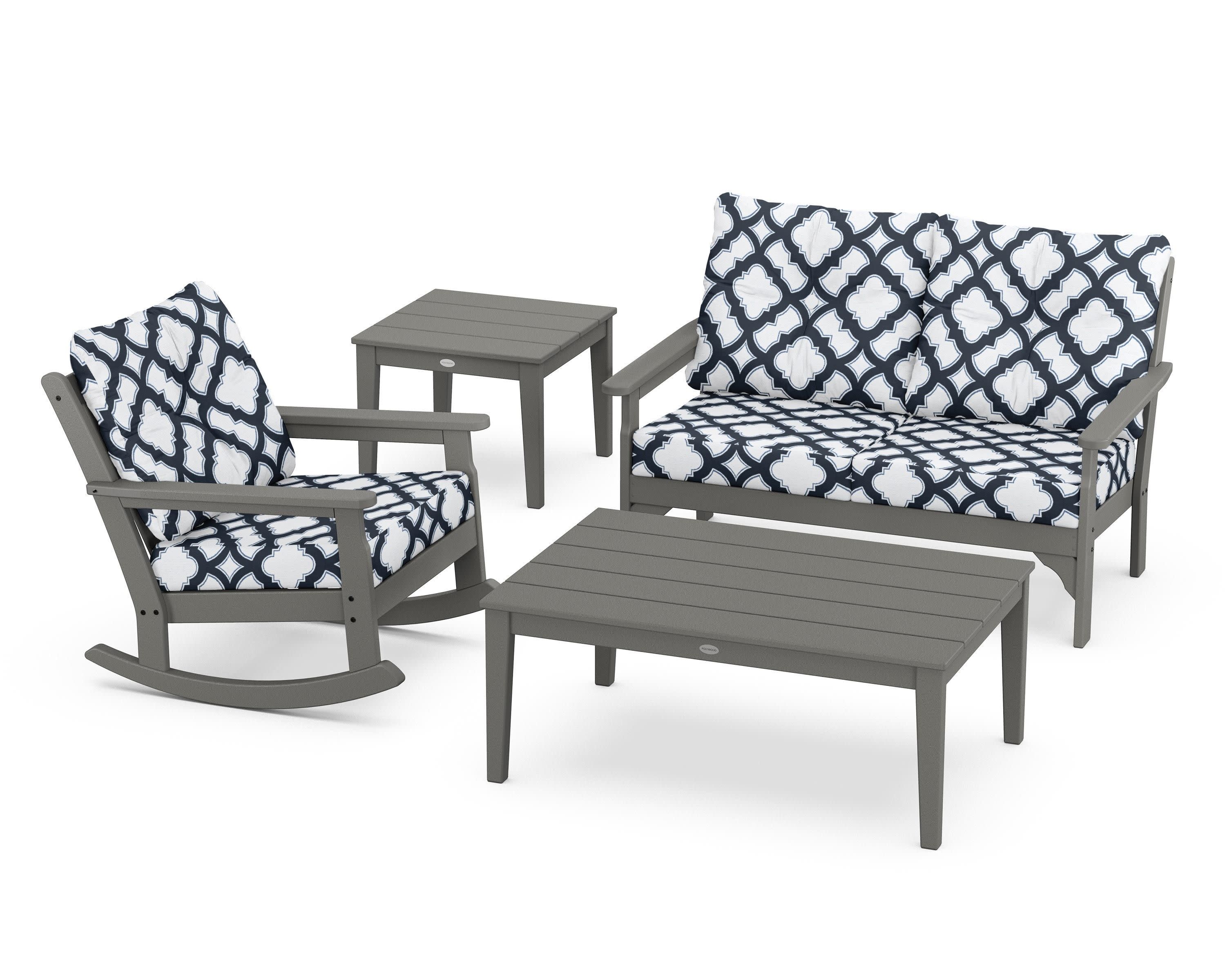 Vineyard 4-Piece Deep Seating Rocker Set in Slate Grey / Trellis Marine Indigo