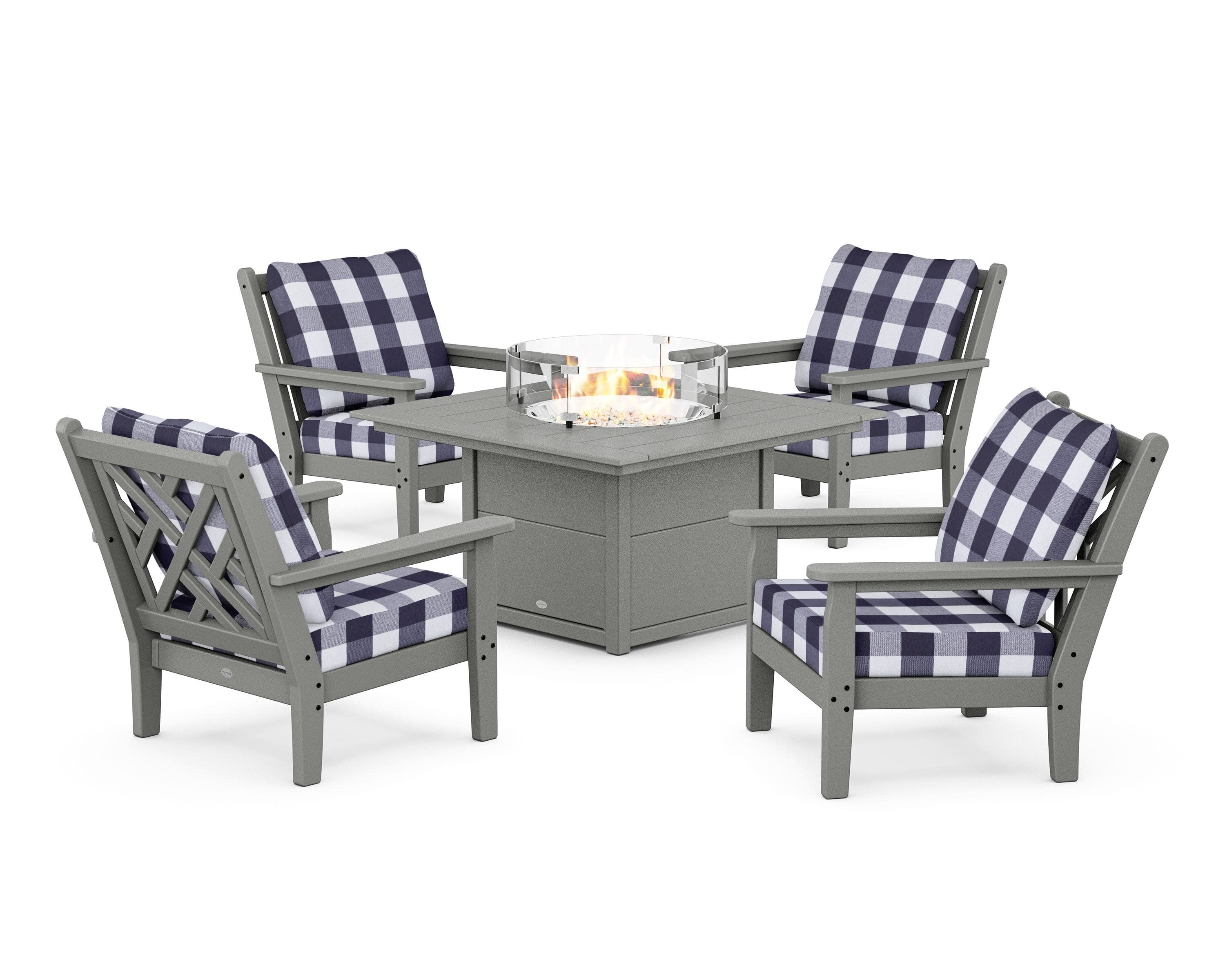 Chippendale 5-Piece Deep Seating Set with Fire Pit Table in Slate Grey / Buffalo Plaid Navy