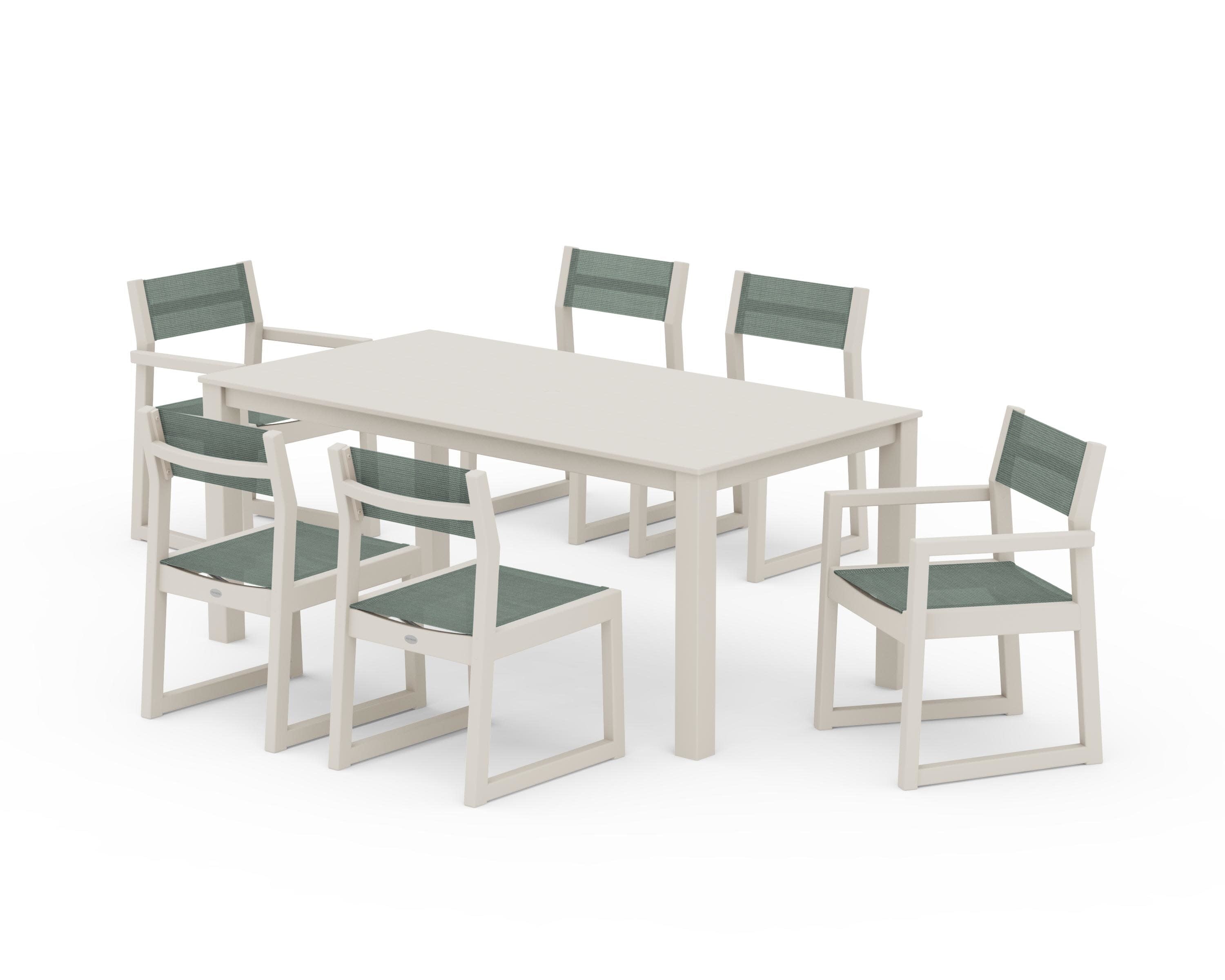 EDGE Sling 7-Piece Parsons Dining Set in Sand / Dupioni Sea Mist Sling