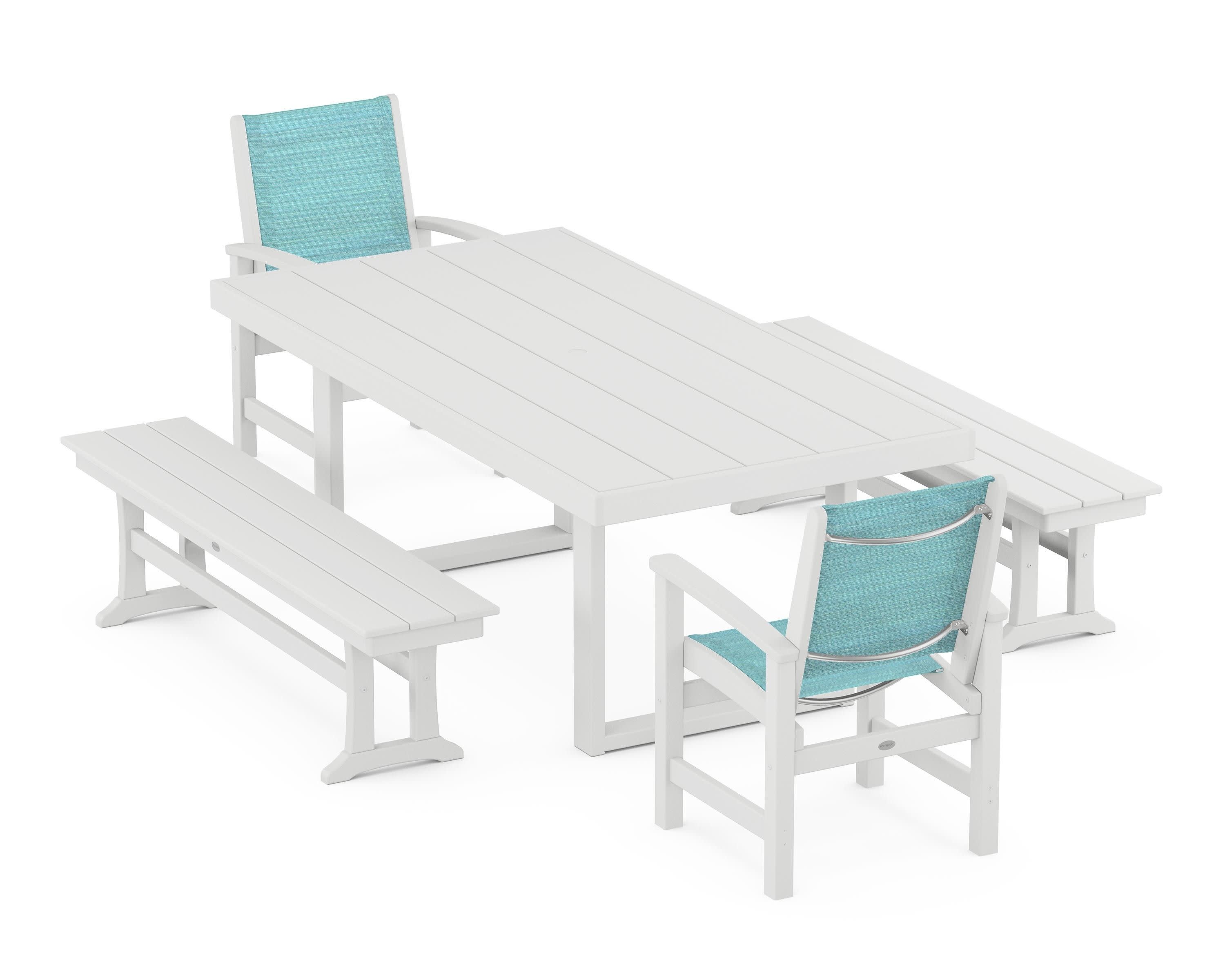 Coastal 5-Piece Dining Set with Trestle Legs in White / Dupioni Aquamarine Sling