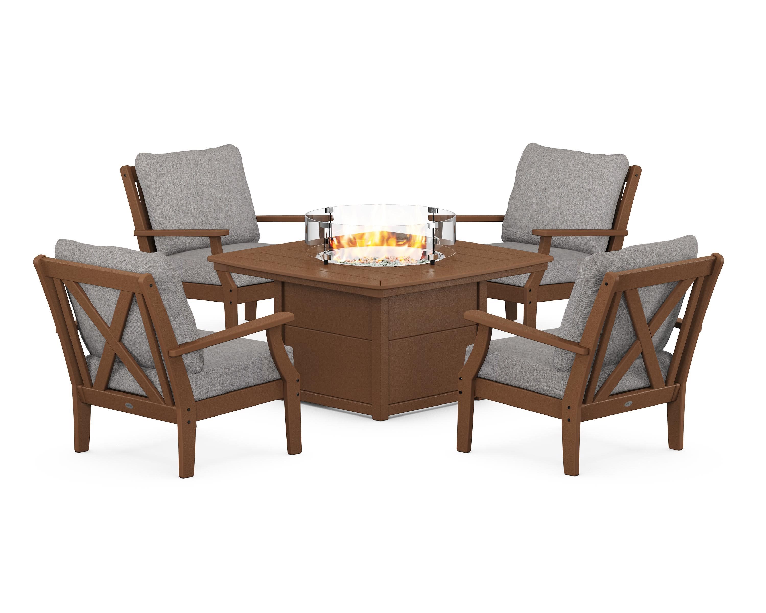 Braxton 5-Piece Deep Seating Conversation Set with Fire Pit Table in Teak / Grey Mist