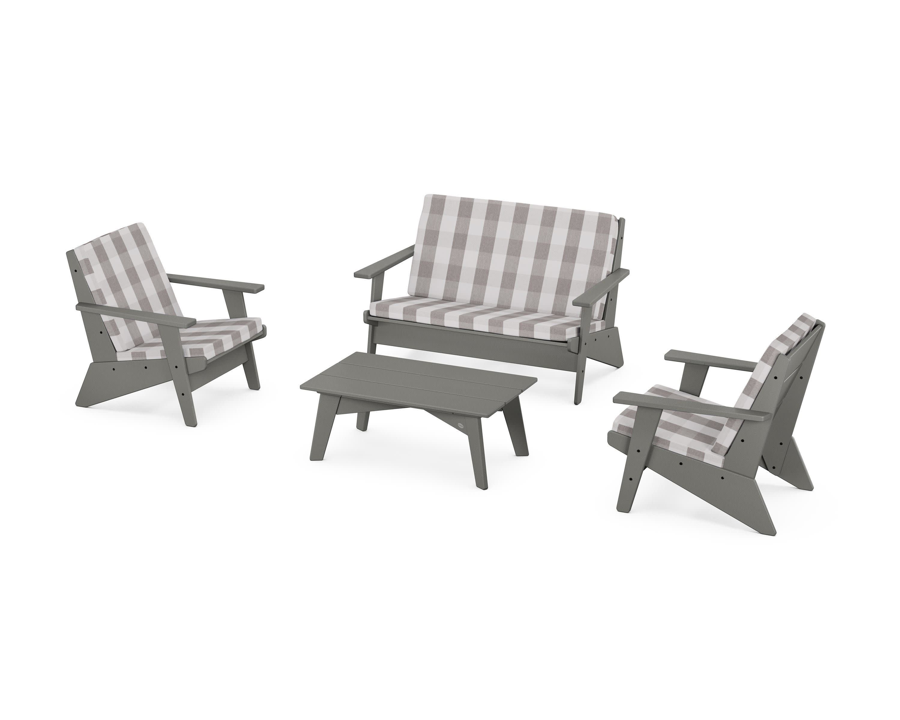 Riviera Modern Lounge 4-Piece Set in Slate Grey / Buffalo Plaid Grey Mist