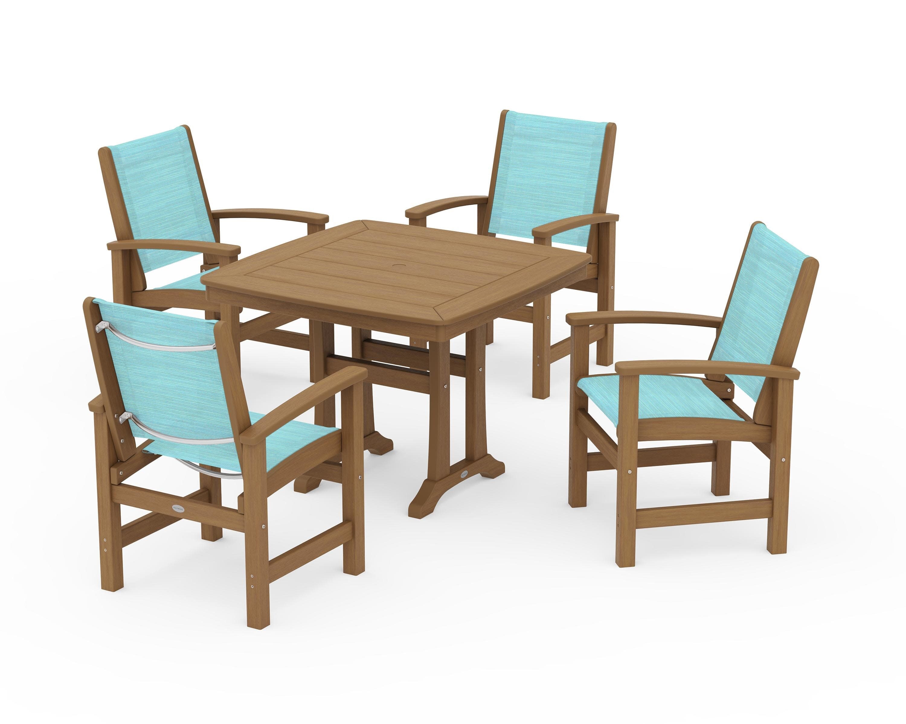 Coastal 5-Piece Dining Set with Trestle Legs in Natural / Dupioni Aquamarine Sling