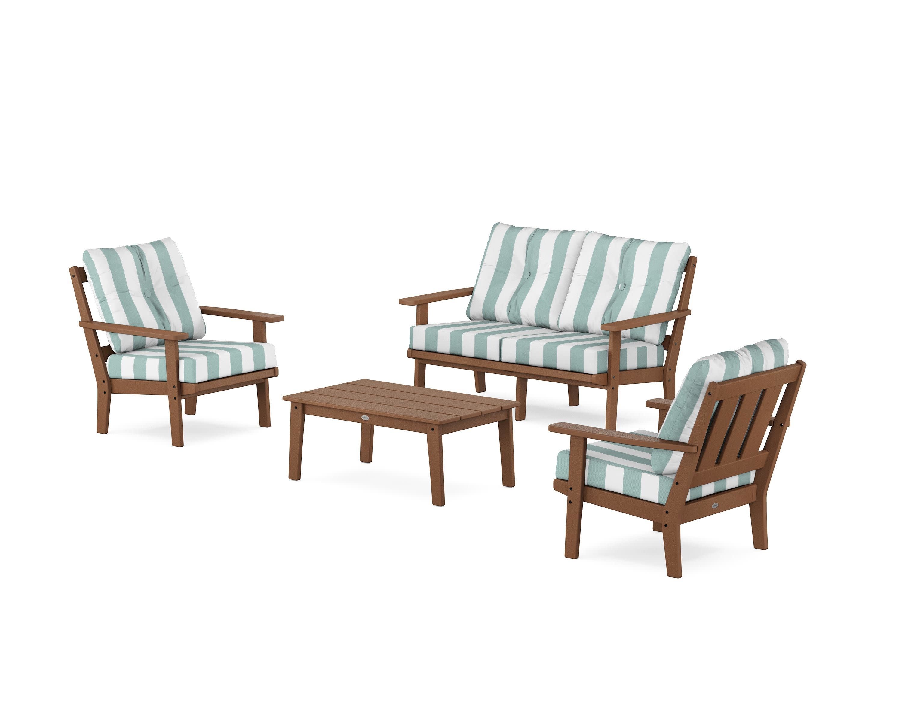 Oxford 4-Piece Deep Seating Set with Loveseat in Teak / Cabana Stripe Glacier Spa
