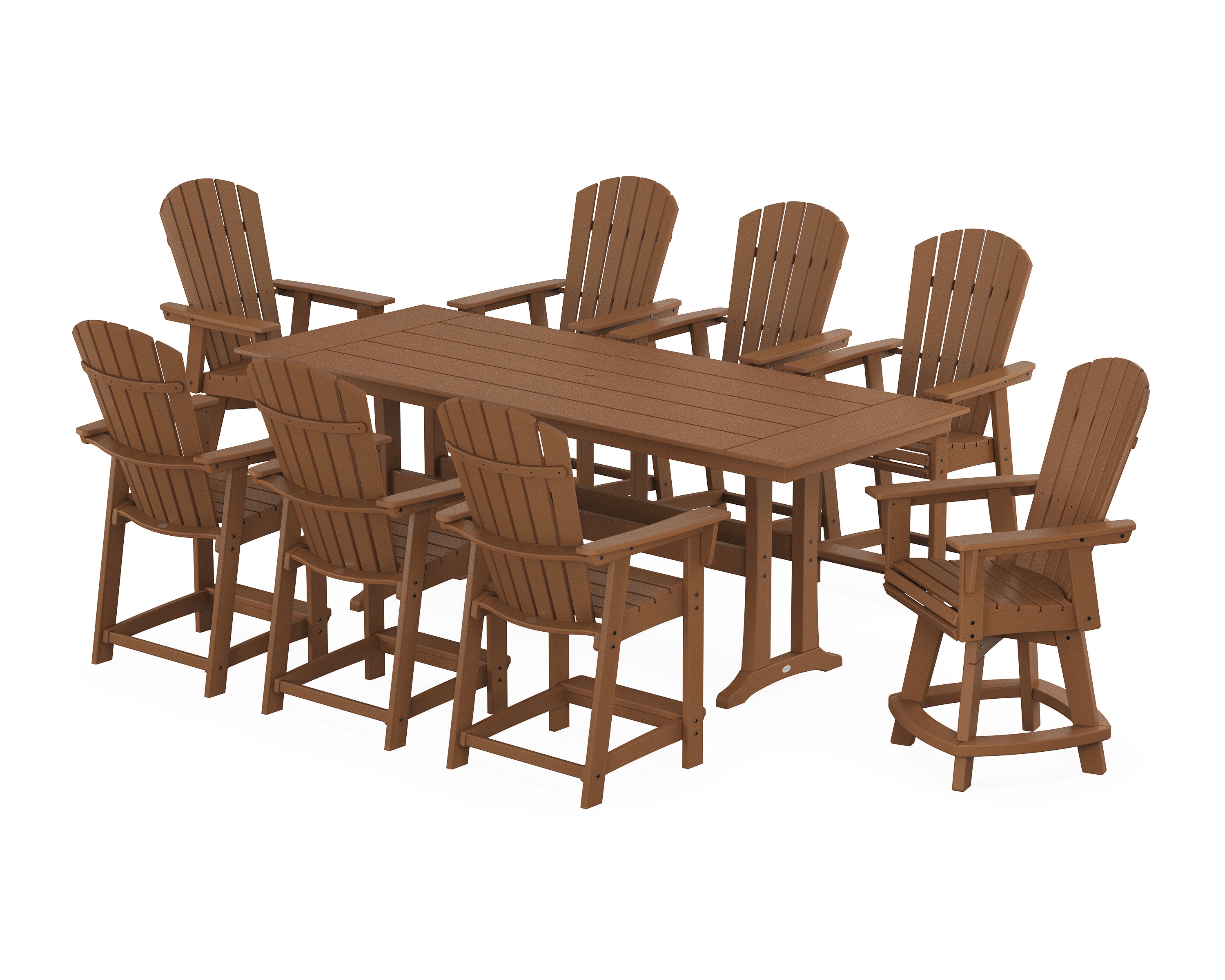 Nautical Curveback Adirondack Swivel Chair 9-Piece Farmhouse Counter Set with Trestle Legs in Teak