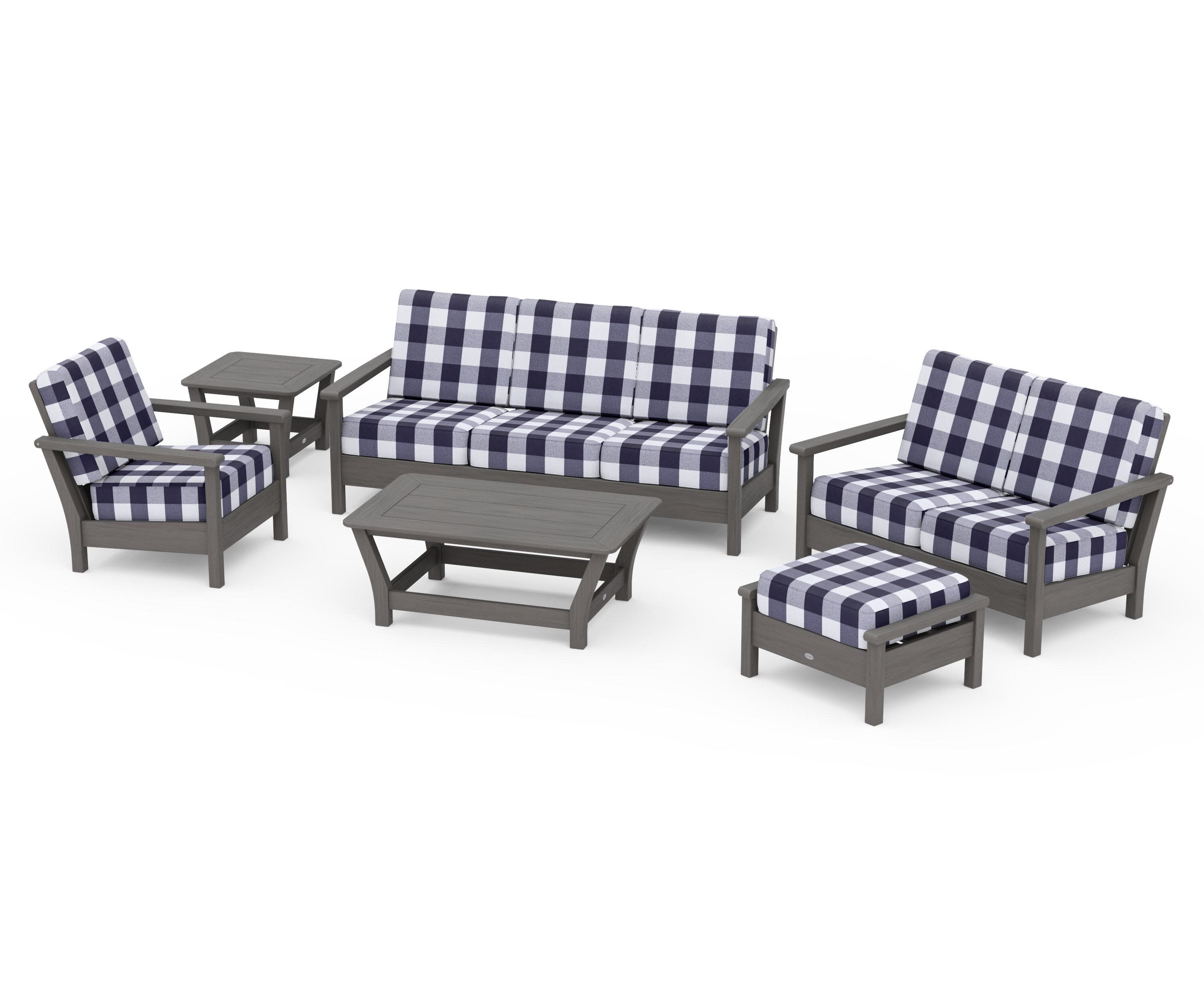 Harbour 6-Piece Outdoor Living Set in Driftwood / Buffalo Plaid Navy
