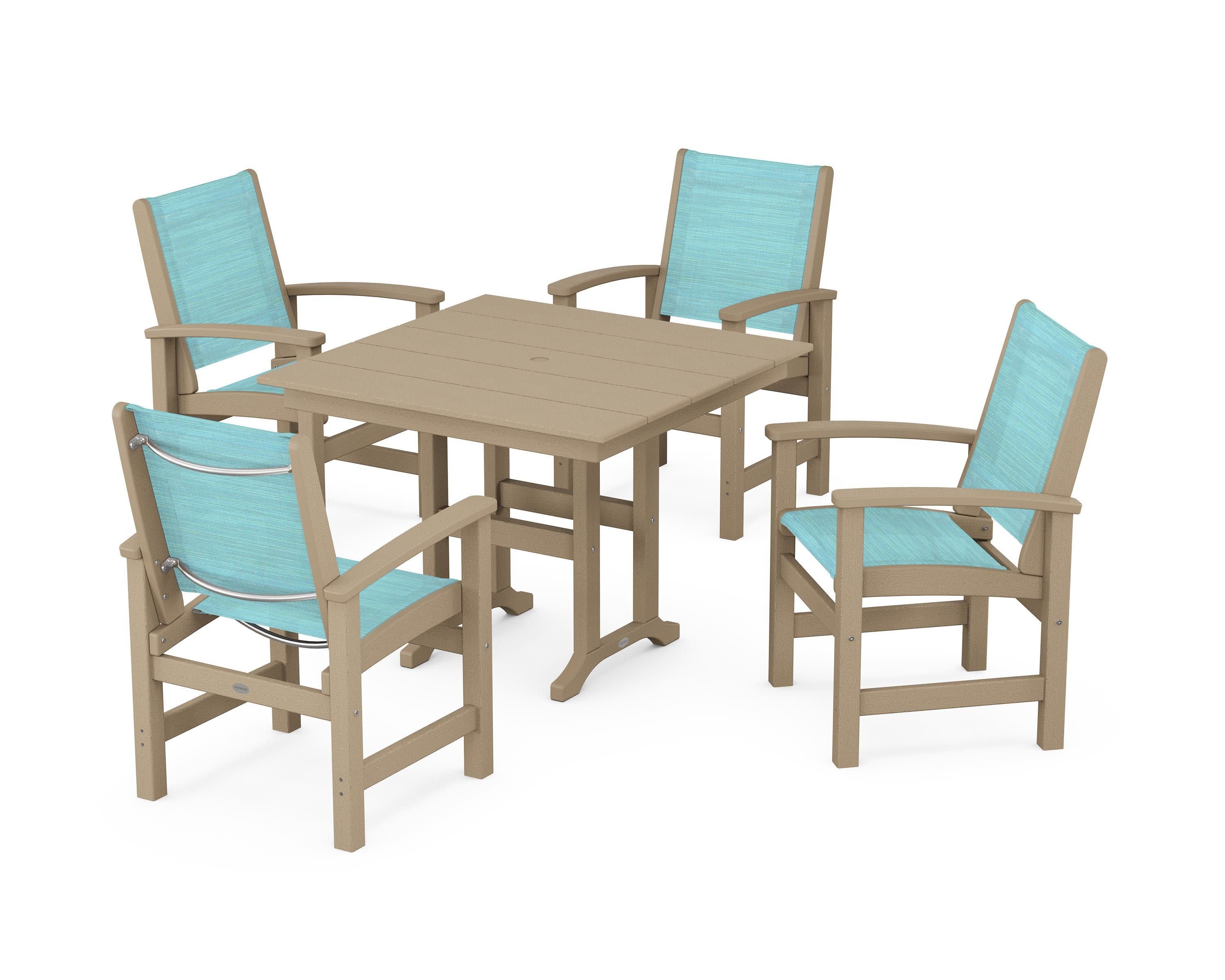 Coastal 5-Piece Farmhouse Dining Set in Vintage Sahara / Dupioni Aquamarine Sling