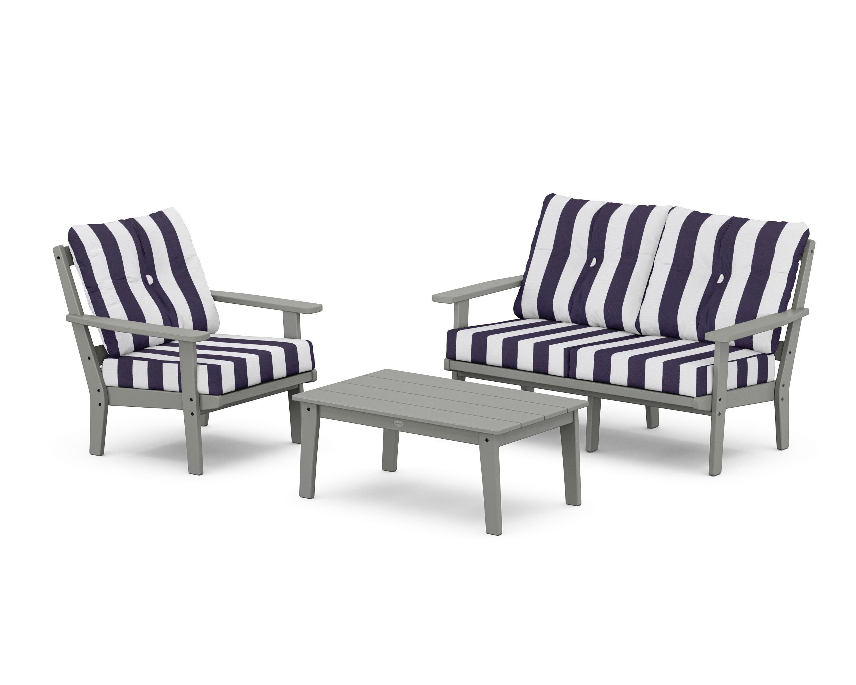 Oxford 3-Piece Deep Seating Set with Loveseat in Slate Grey / Cabana Stripe Navy