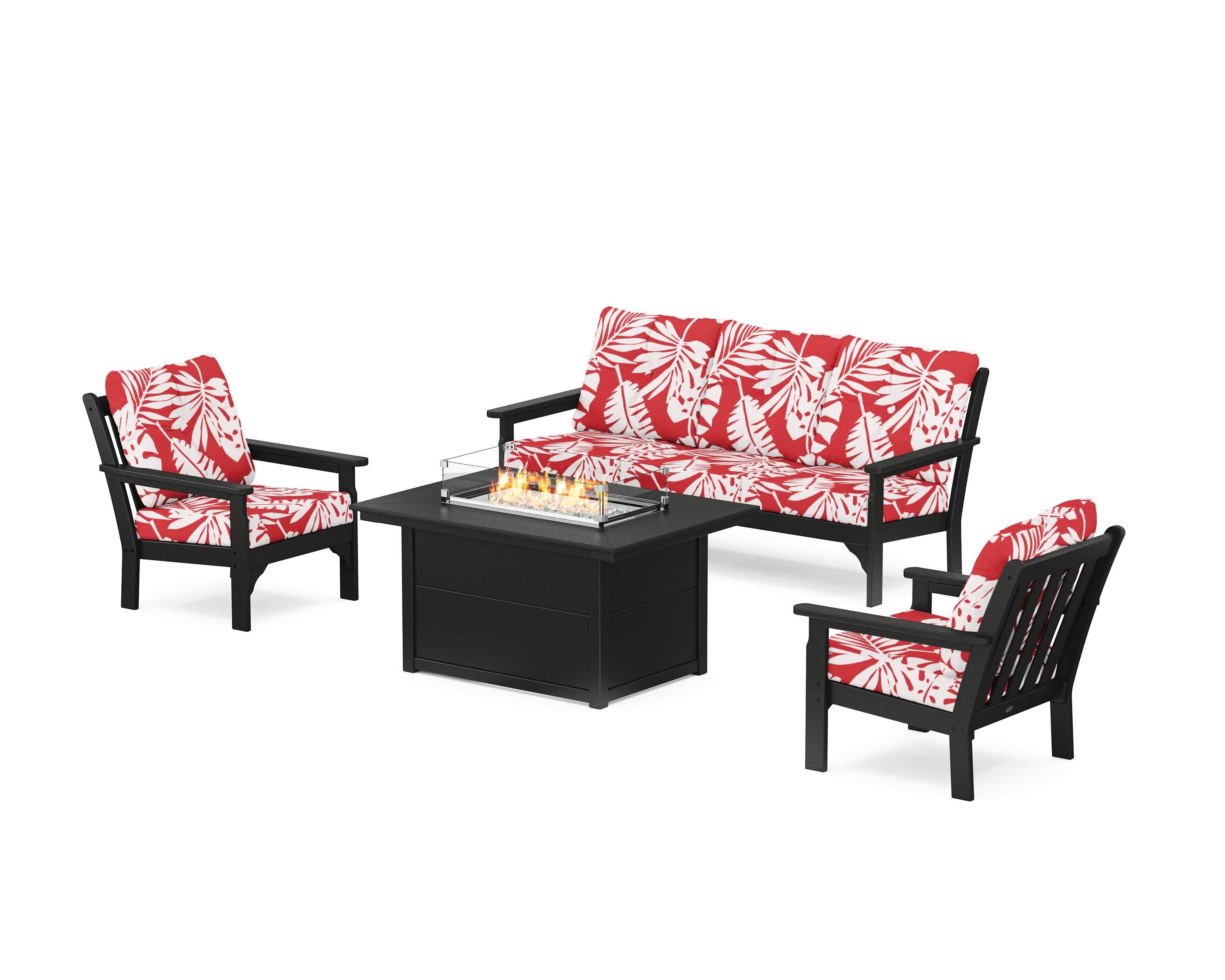 Vineyard Deep Seating Fire Pit Table Set in Black / Leaf Crimson