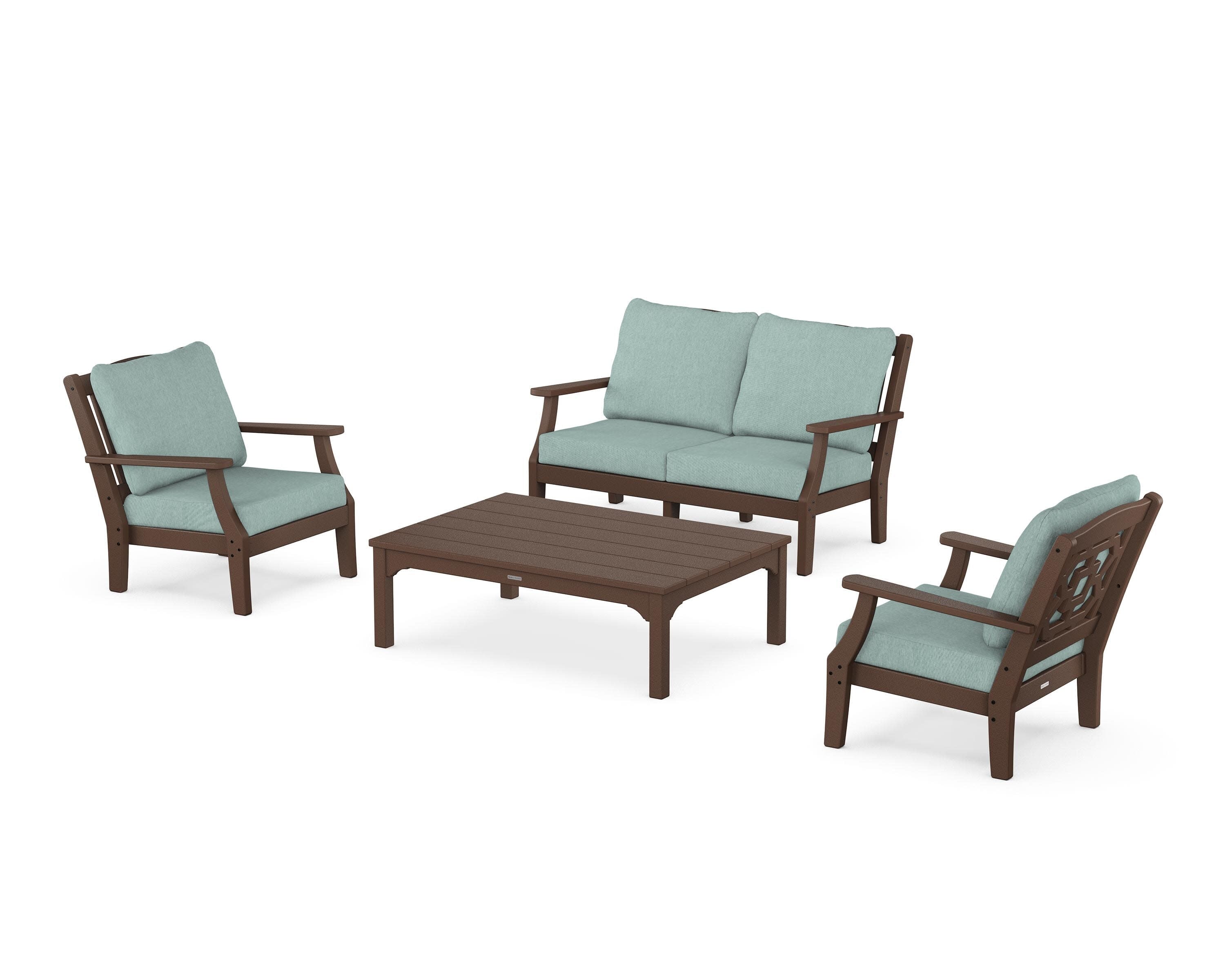 Chinoiserie 4-Piece Deep Seating Set with Loveseat in Mahogany / Glacier Spa