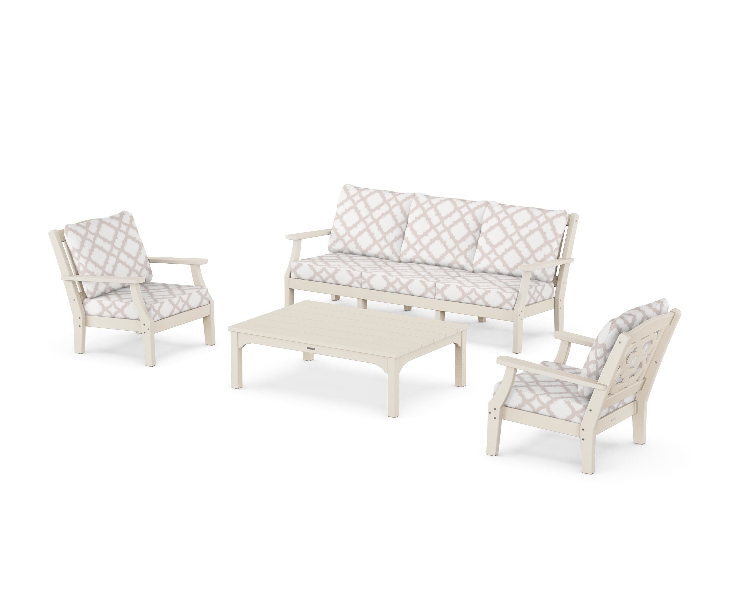 Chinoiserie 4-Piece Deep Seating Set with Sofa in Sand / Trellis Dune Burlap