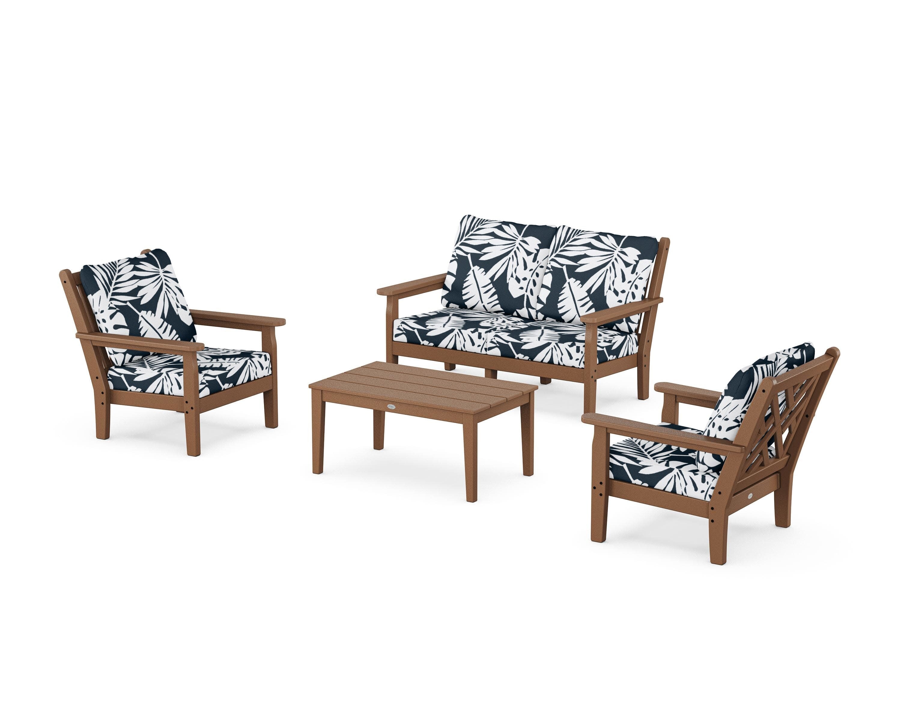 Chippendale 4-Piece Deep Seating Set with Loveseat in Teak / Leaf Marine Indigo