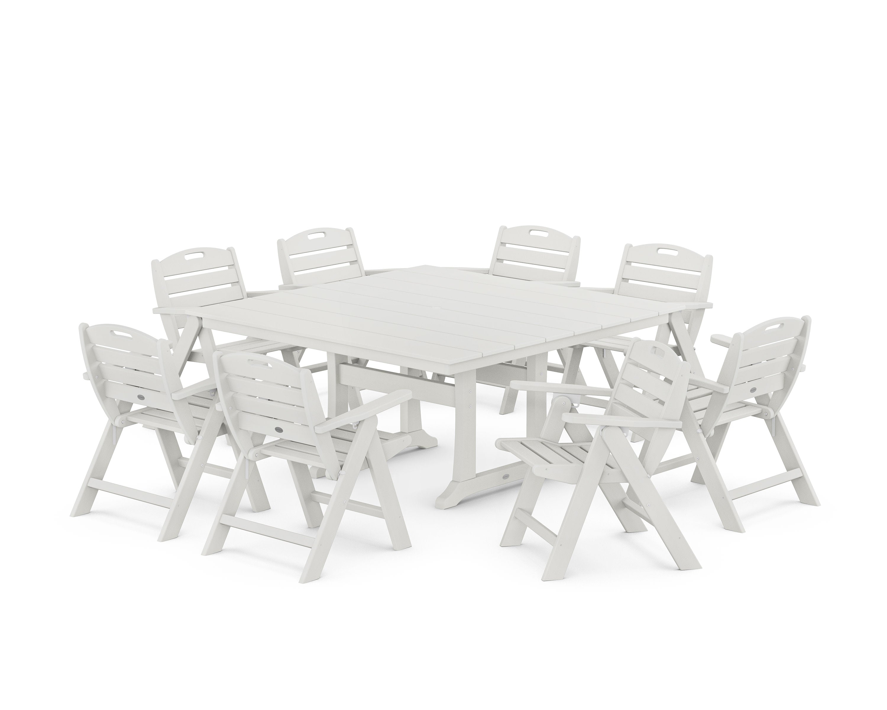 Nautical Lowback 9-Piece Square Farmhouse Dining Set with Trestle Legs in Vintage White