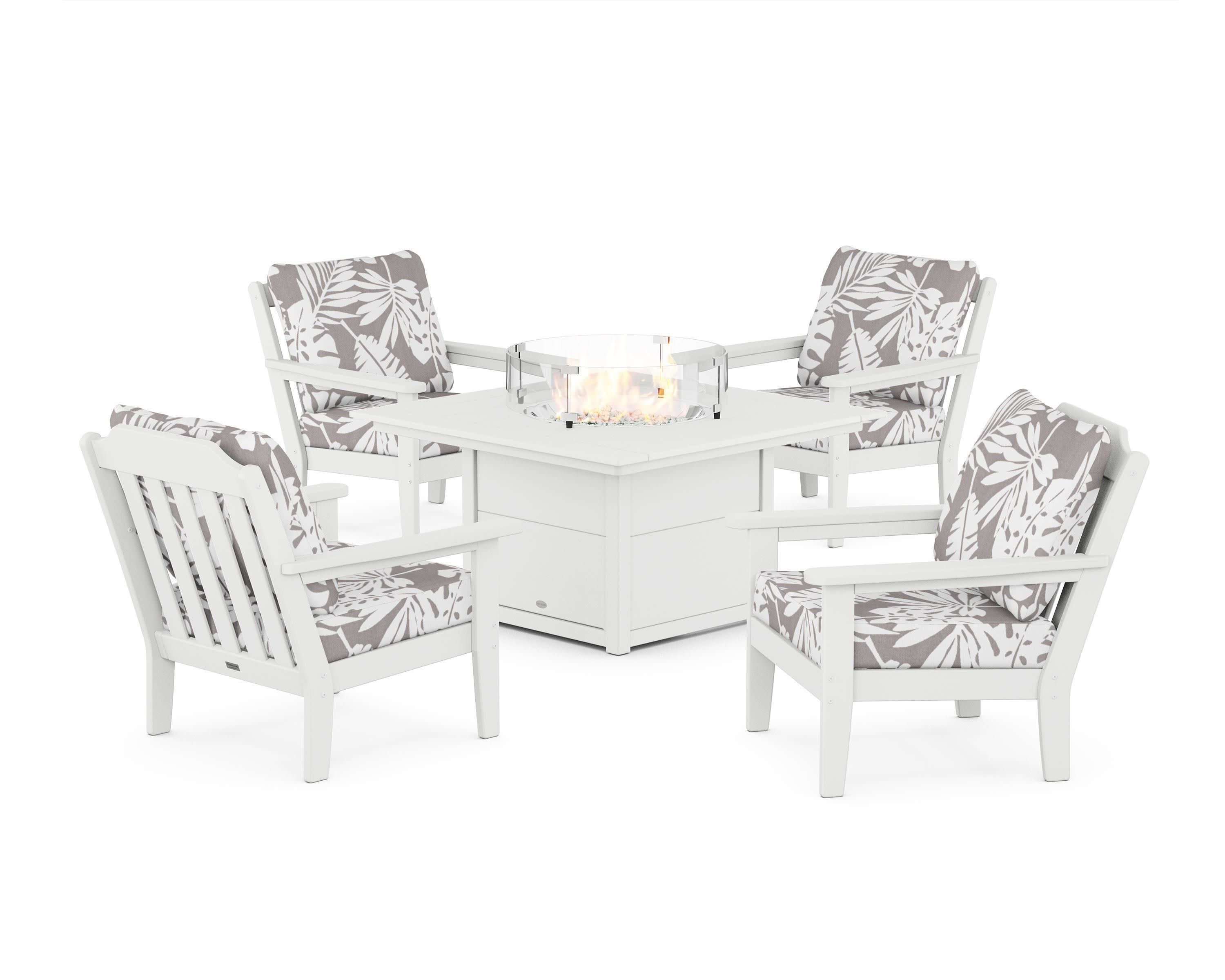 Cottage 5-Piece Deep Seating Set with Fire Pit Table in White / Leaf Grey Mist