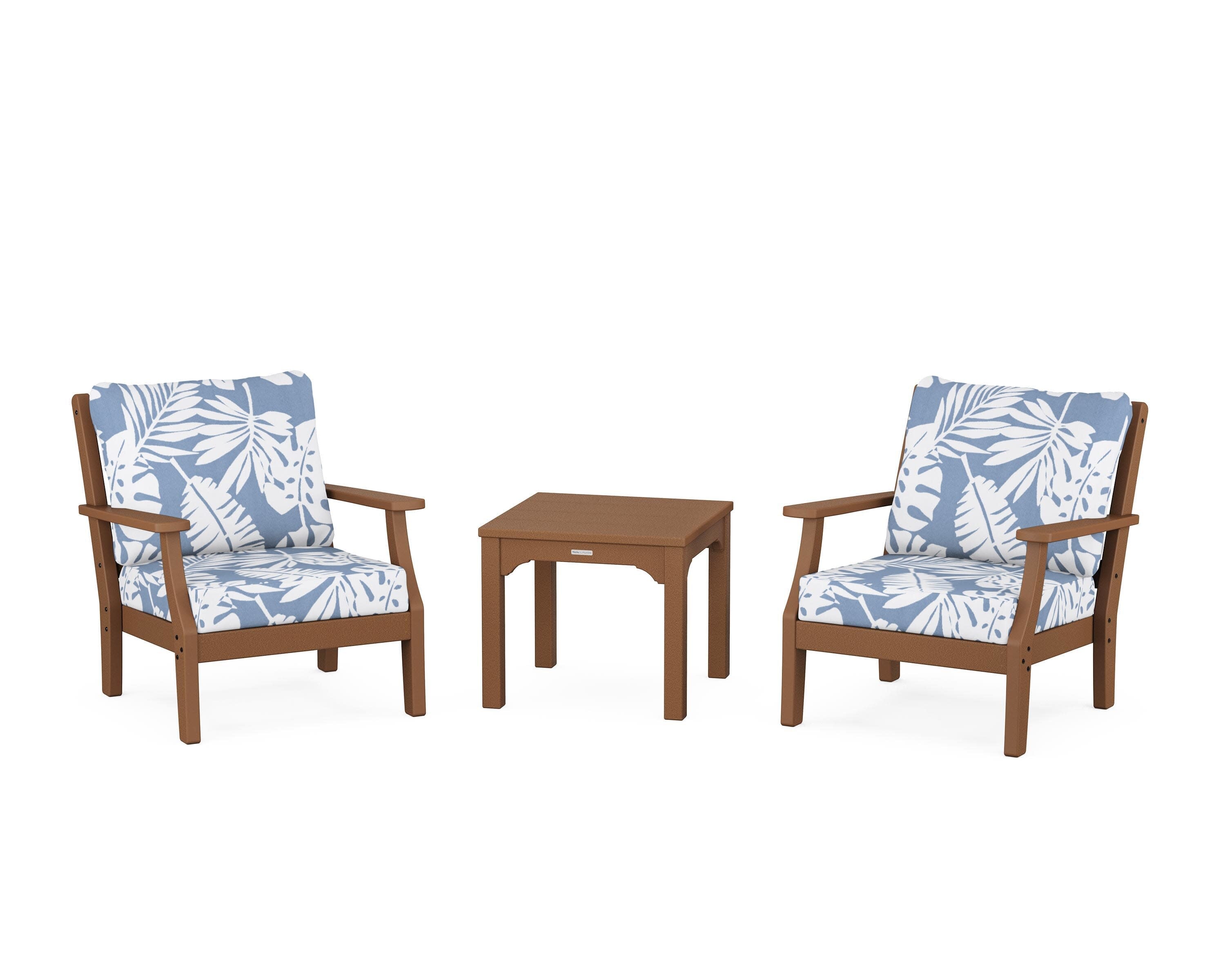 Chinoiserie 3-Piece Deep Seating Set in Teak / Leaf Sky Blue