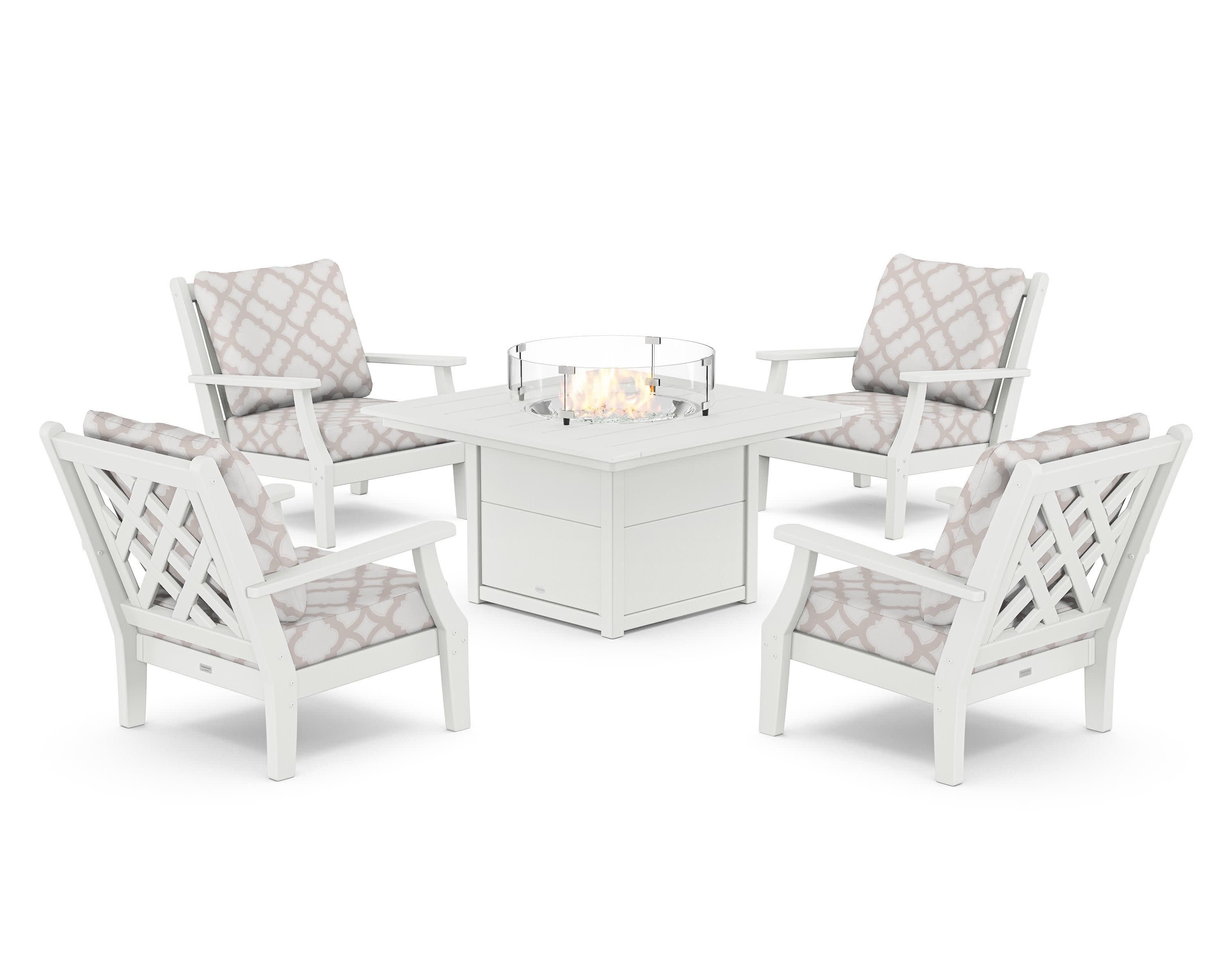 Wovendale 5-Piece Deep Seating Set with Fire Pit Table in White / Trellis Dune Burlap