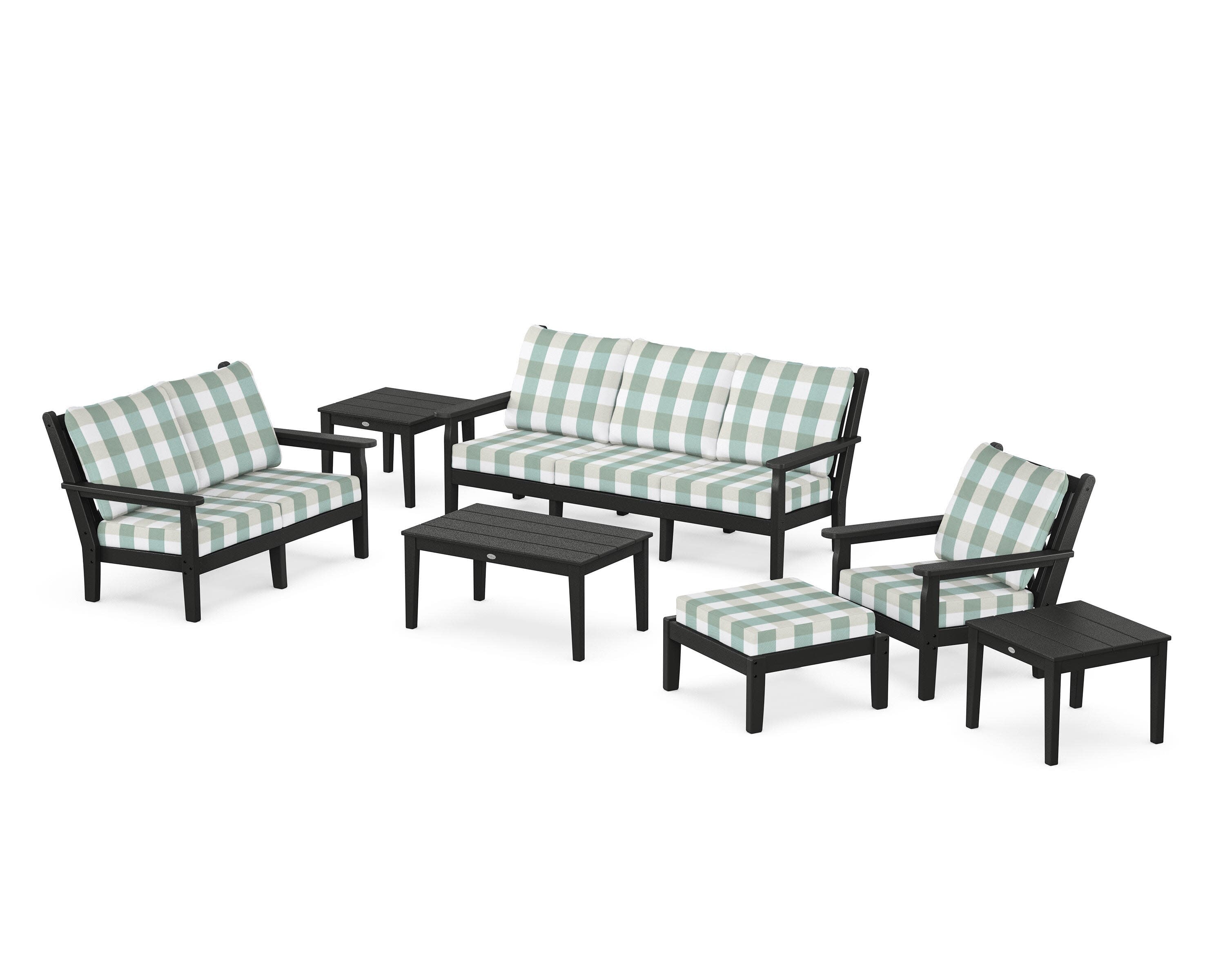 Chippendale 7-Piece Deep Seating Set in Black / Buffalo Plaid Glacier Spa
