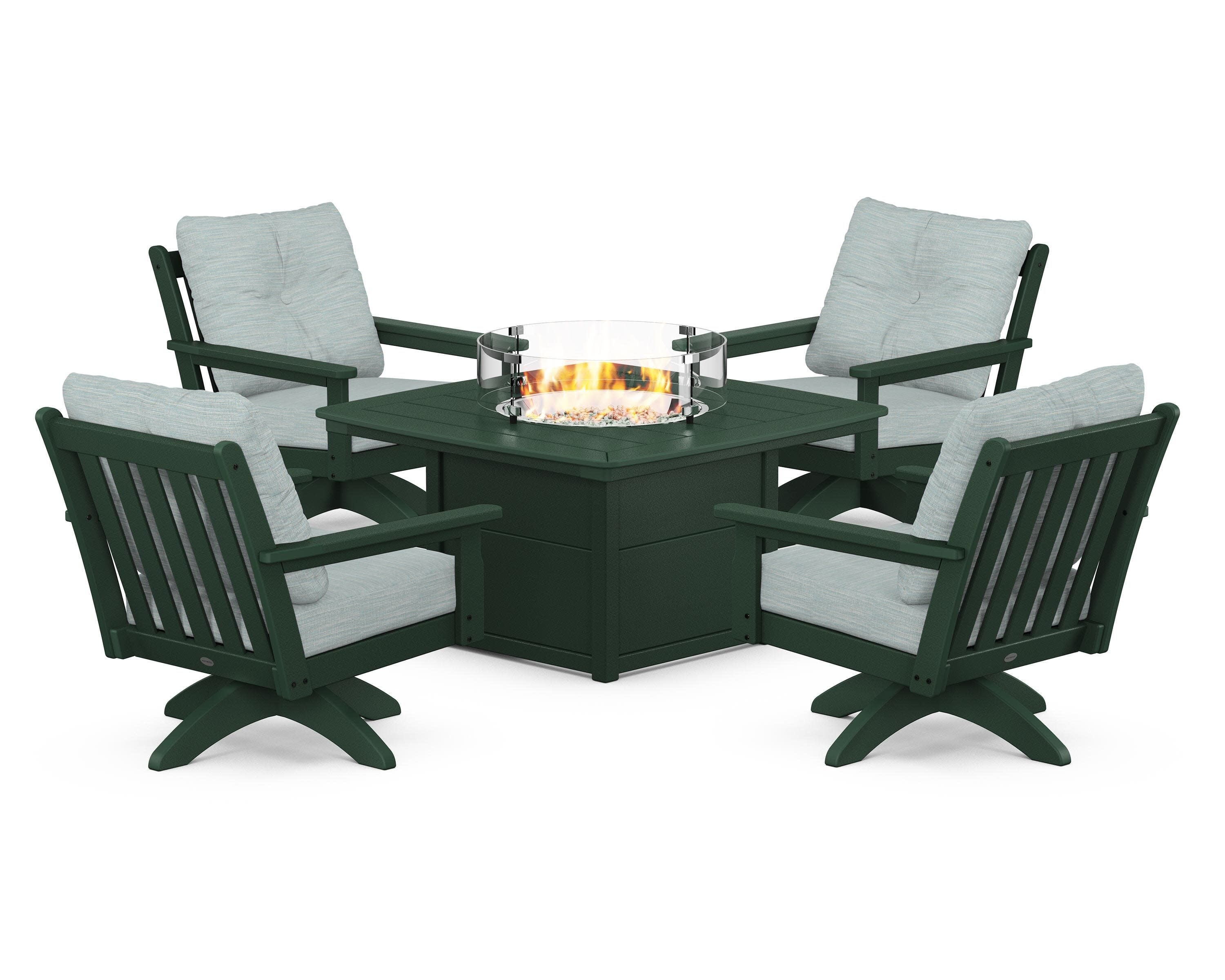 Vineyard 5-Piece Deep Seating Swivel Conversation Set with Fire Pit Table in Green / Soothe Mist