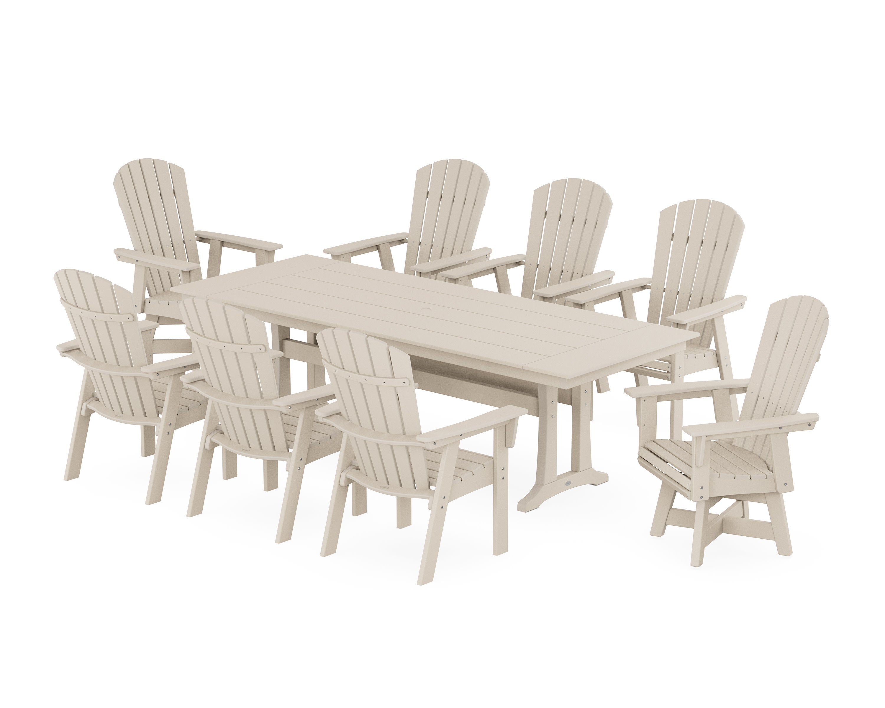Nautical Curveback Adirondack Swivel 9-Piece Farmhouse Dining Set with Trestle Legs in Sand