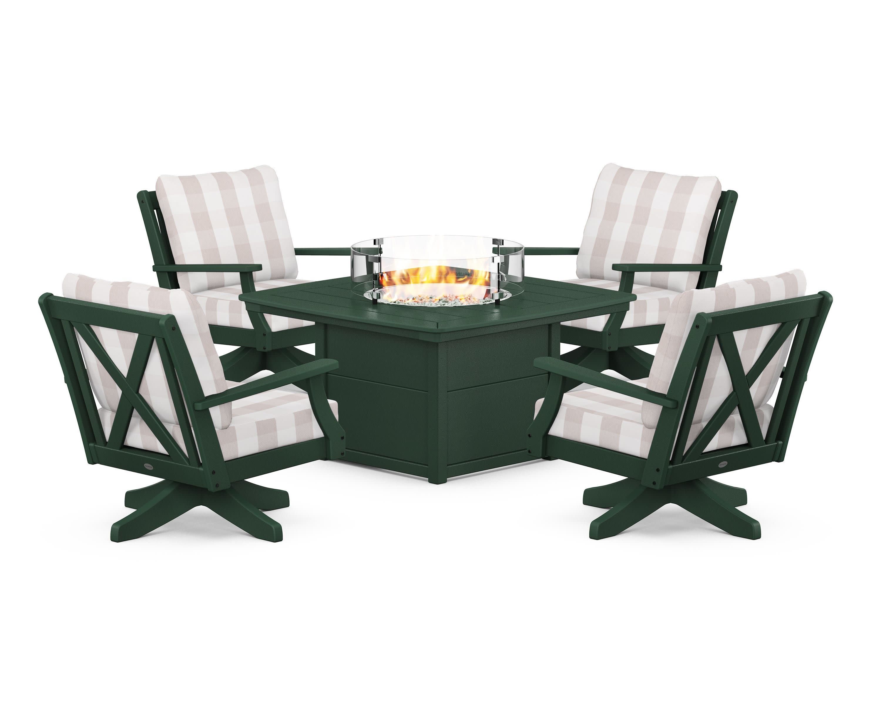 Braxton 5-Piece Deep Seating Swivel Conversation Set with Fire Pit Table in Green / Buffalo Plaid Dune Burlap