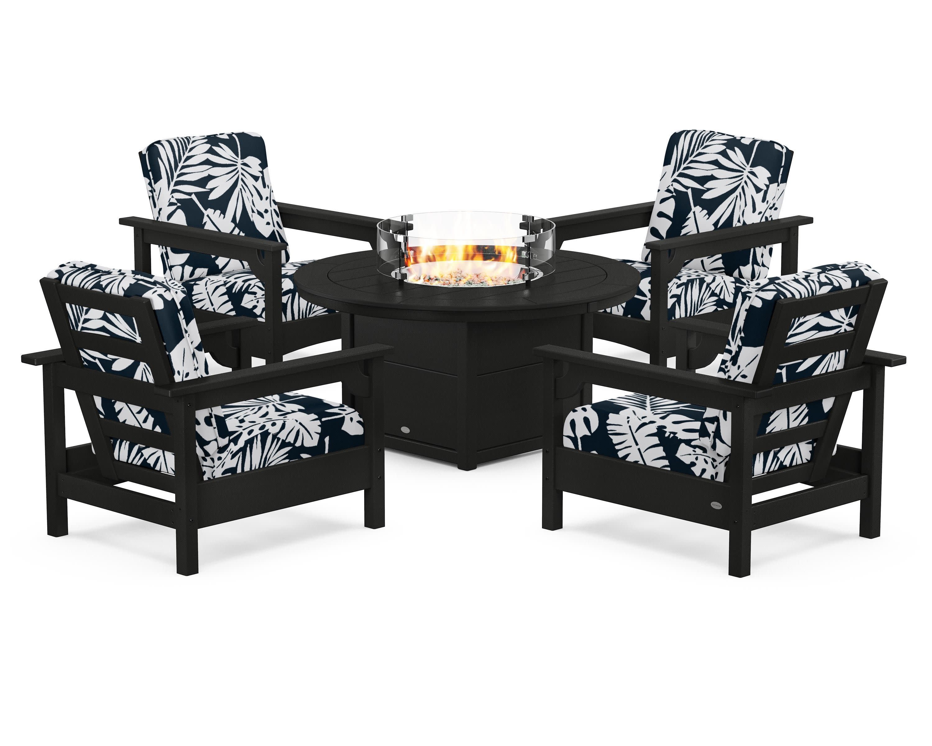 Club 5-Piece Conversation Set with Fire Pit Table in Black / Leaf Marine Indigo