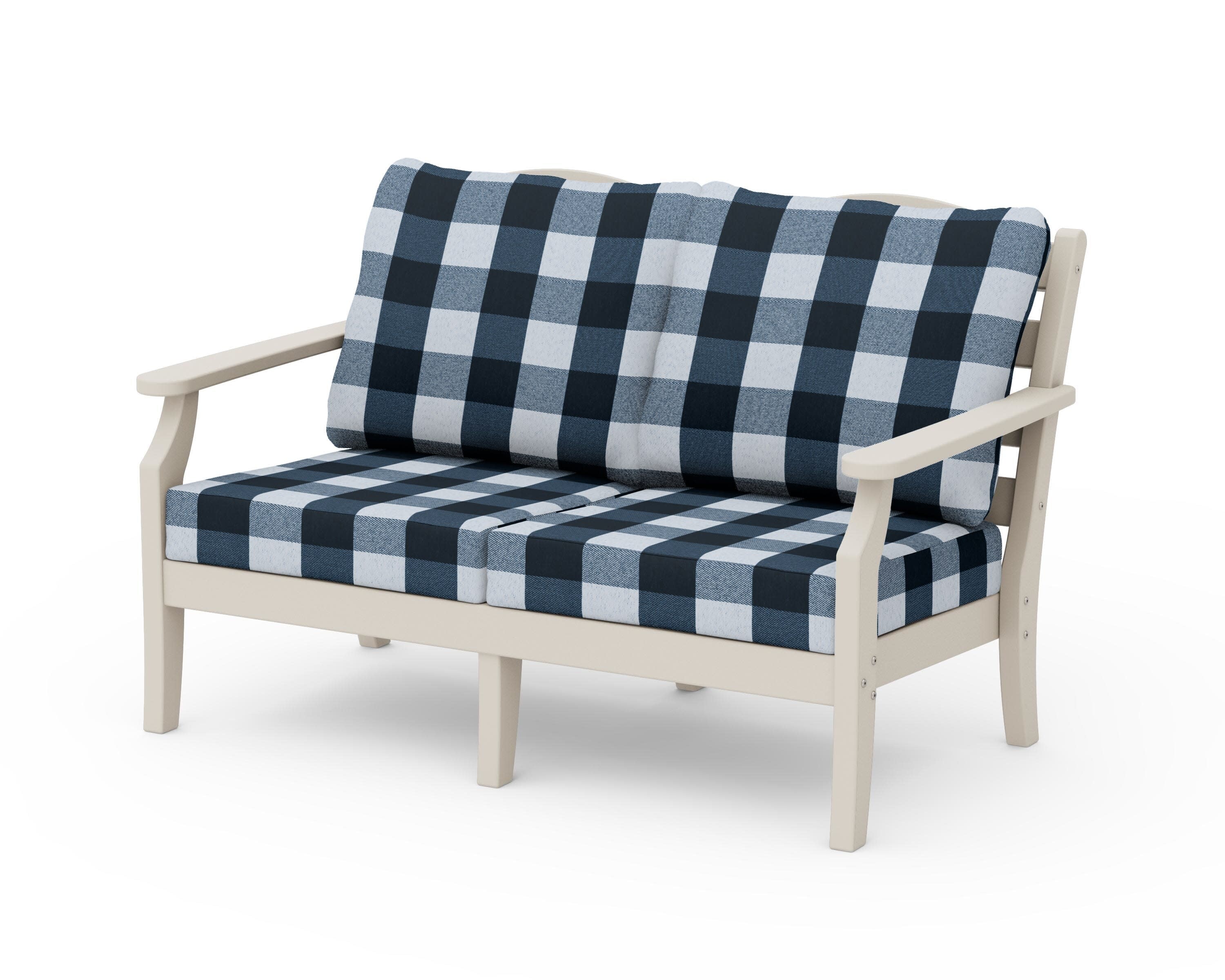 Savannah Deep Seating Loveseat in Sand / Buffalo Plaid Marine Indigo