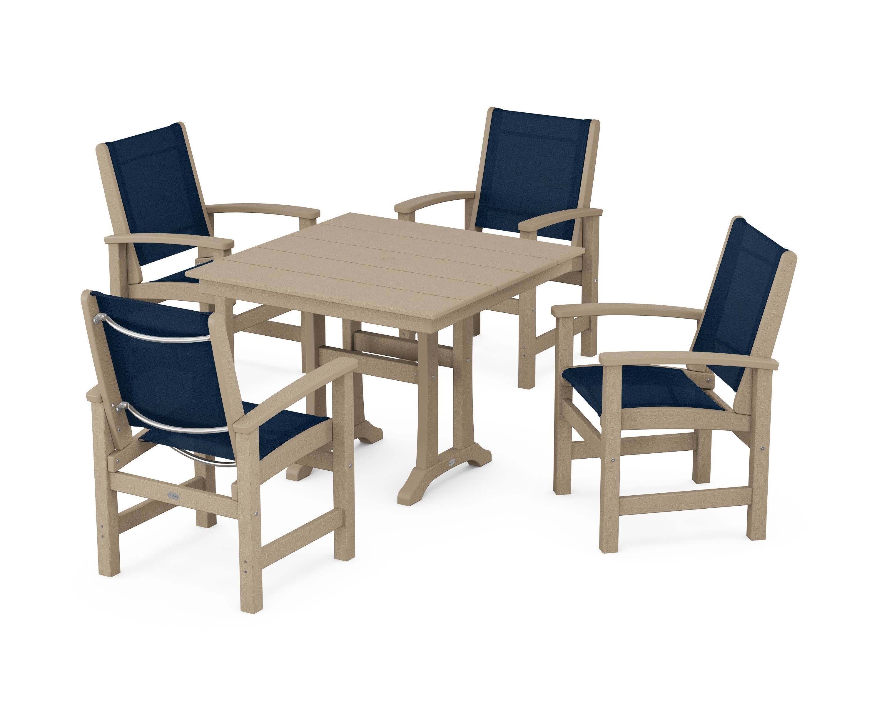 Coastal 5-Piece Farmhouse Dining Set With Trestle Legs in Vintage Sahara / Navy Blue Sling