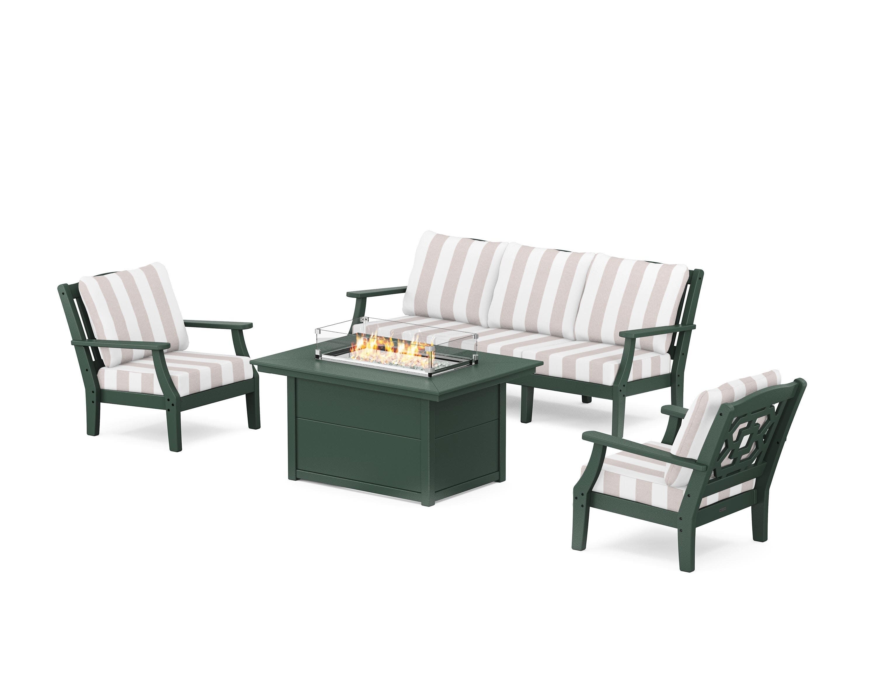Chinoiserie Deep Seating Fire Pit Table Set in Green / Cabana Stripe Dune Burlap