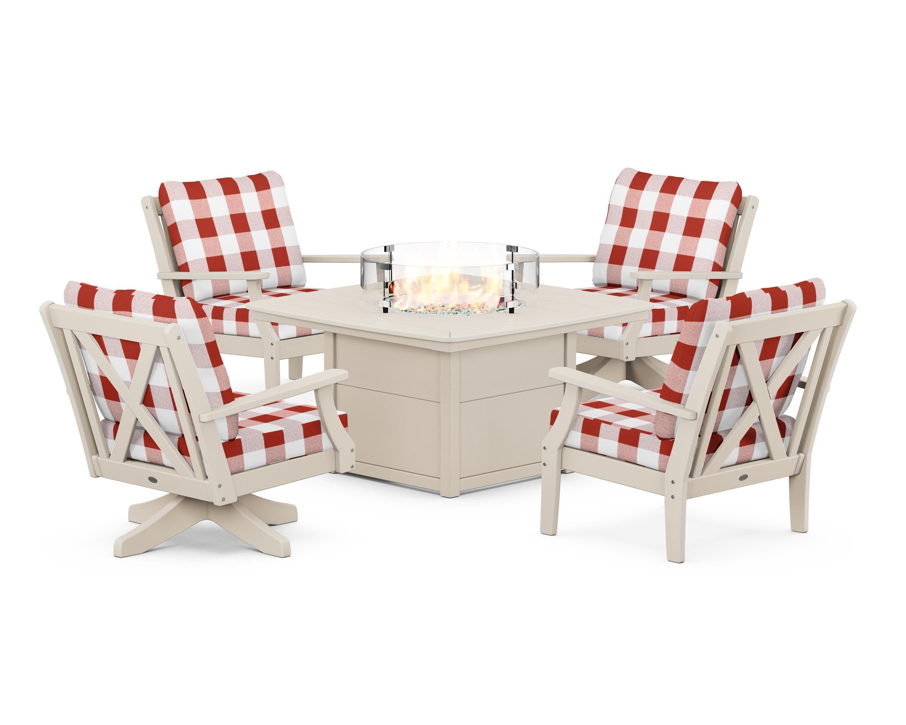 Braxton 5-Piece Deep Seating Set with Fire Table in Sand / Buffalo Plaid Crimson