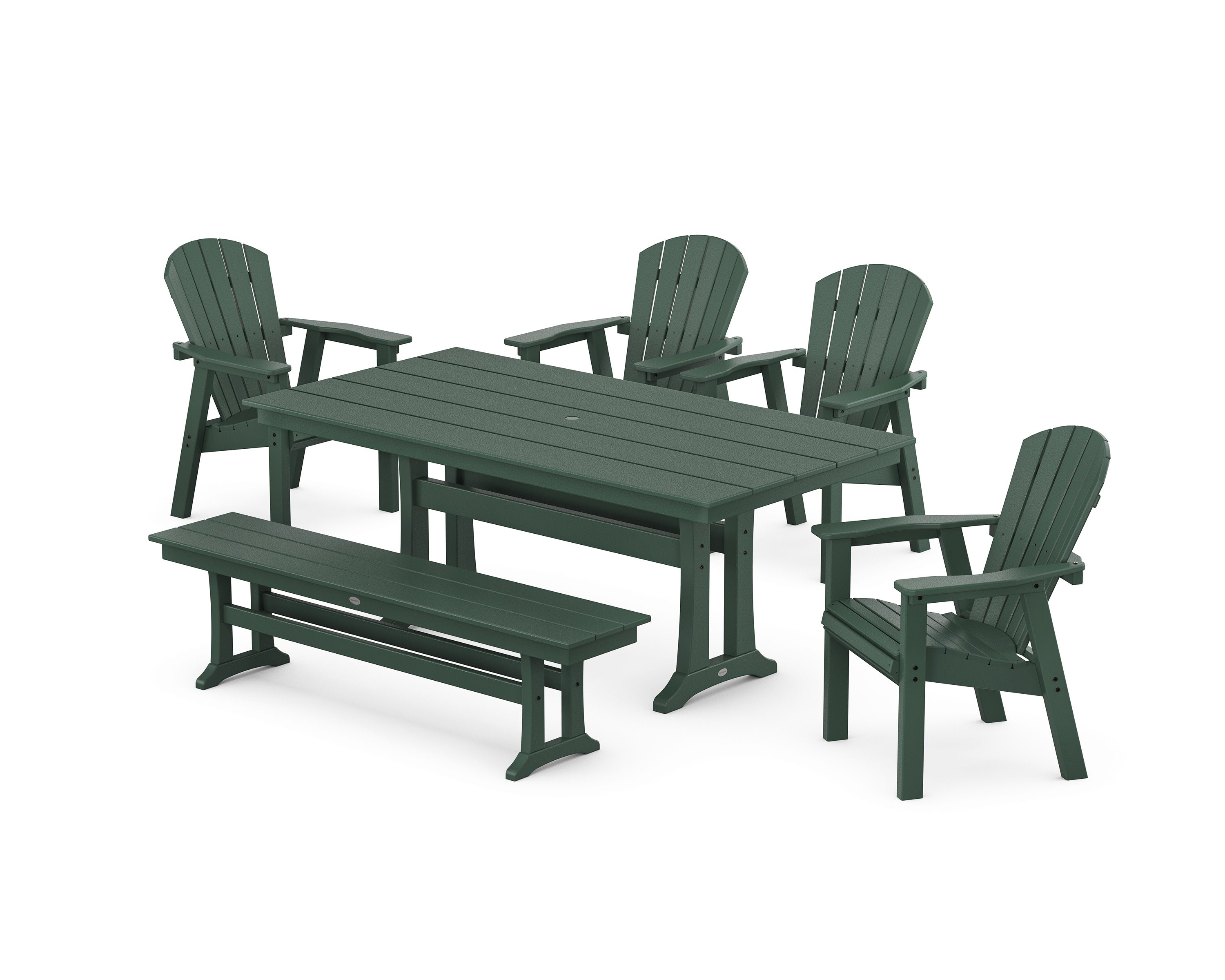 Seashell 6-Piece Farmhouse Dining Set with Trestle Legs and Bench in Green