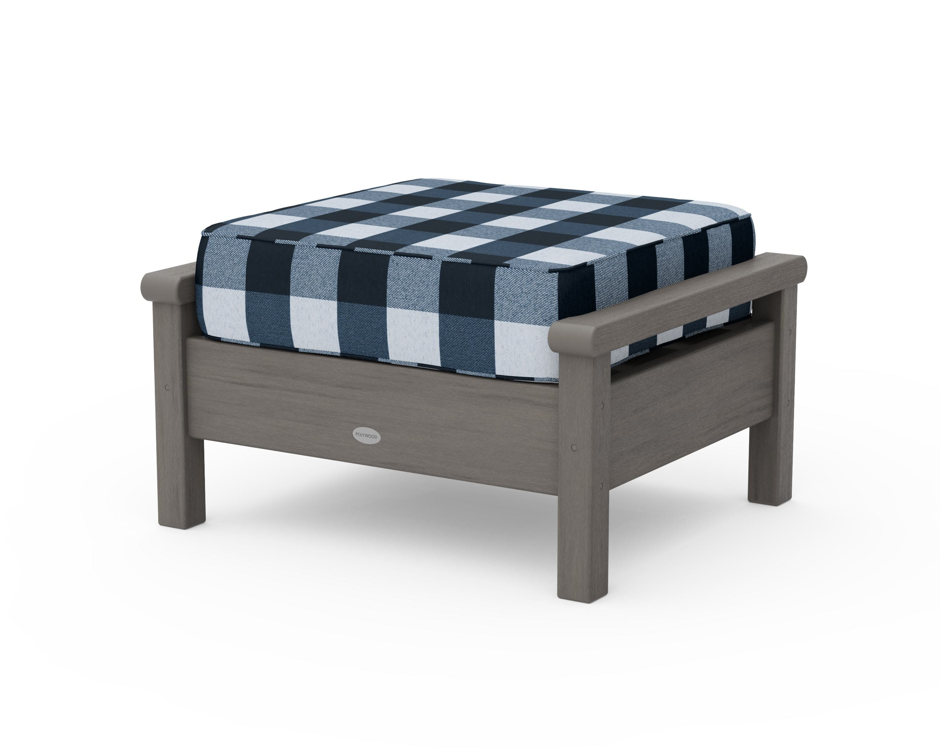 Harbour Deep Seating Ottoman in Driftwood / Buffalo Plaid Marine Indigo