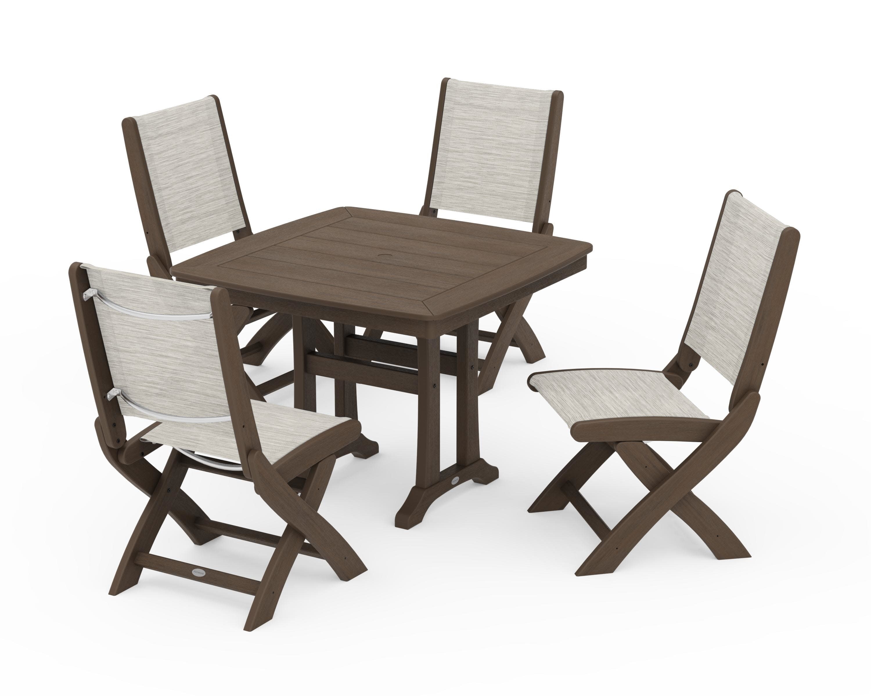 Coastal Folding Side Chair 5-Piece Dining Set with Trestle Legs in Kona / Birch Sling