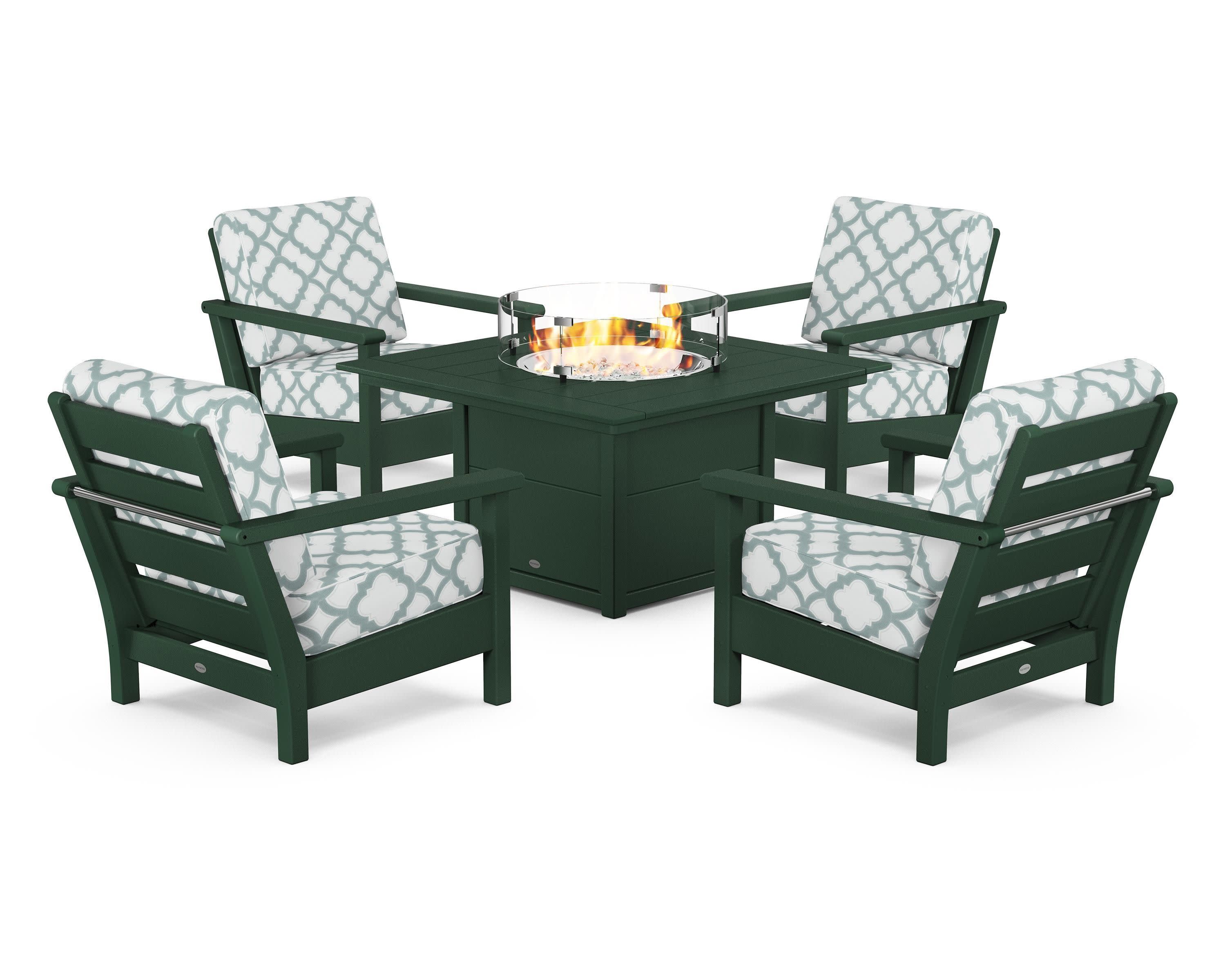 Harbour 5-Piece Conversation Set with Fire Pit Table in Green / Trellis Glacier Spa