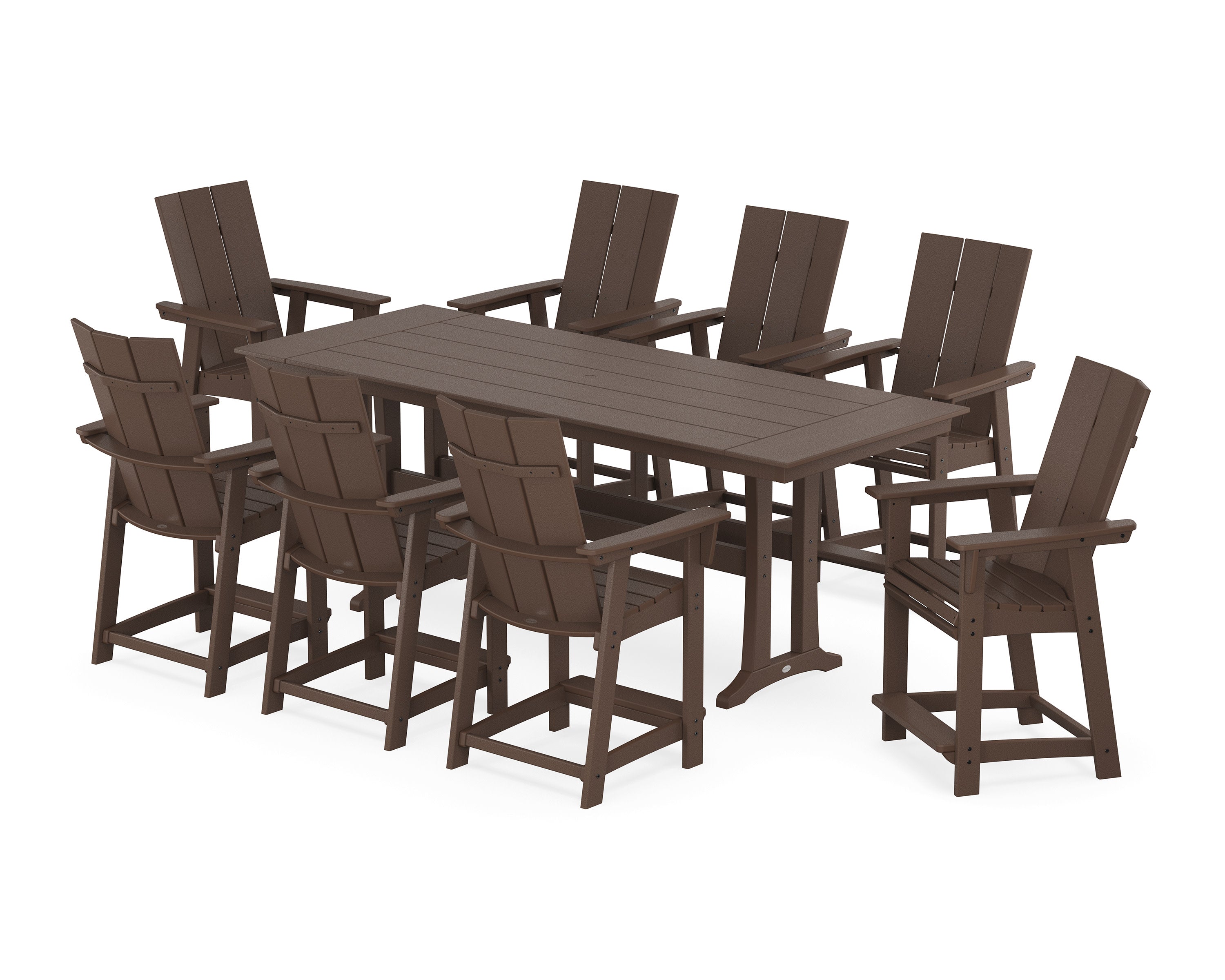 Modern Curveback Adirondack 9-Piece Farmhouse Counter Set with Trestle Legs in Mahogany